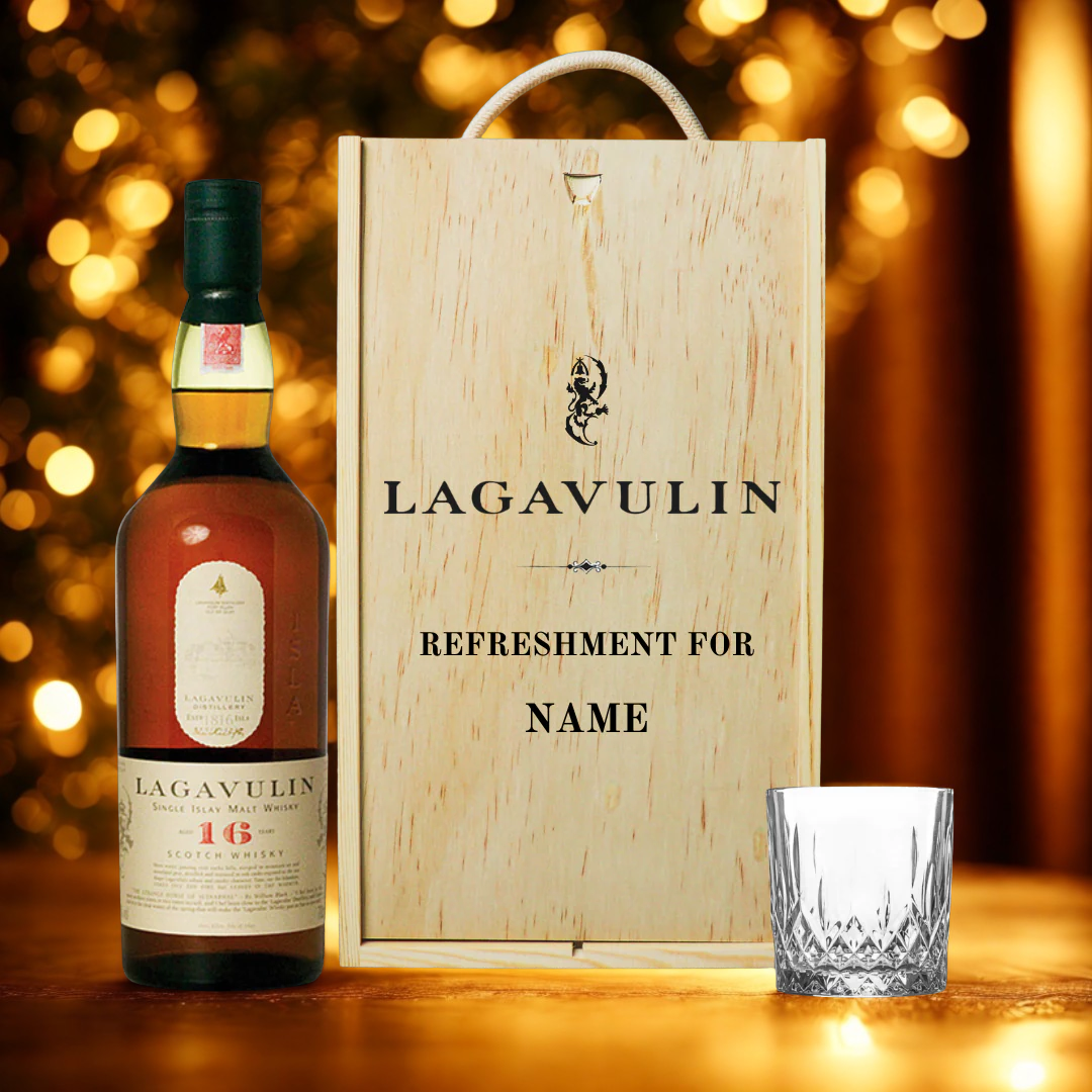Personalised Lagavulin Single Malt Scotch Whisky Gift Set in Wooden Box - 43% ABV (70cl)
