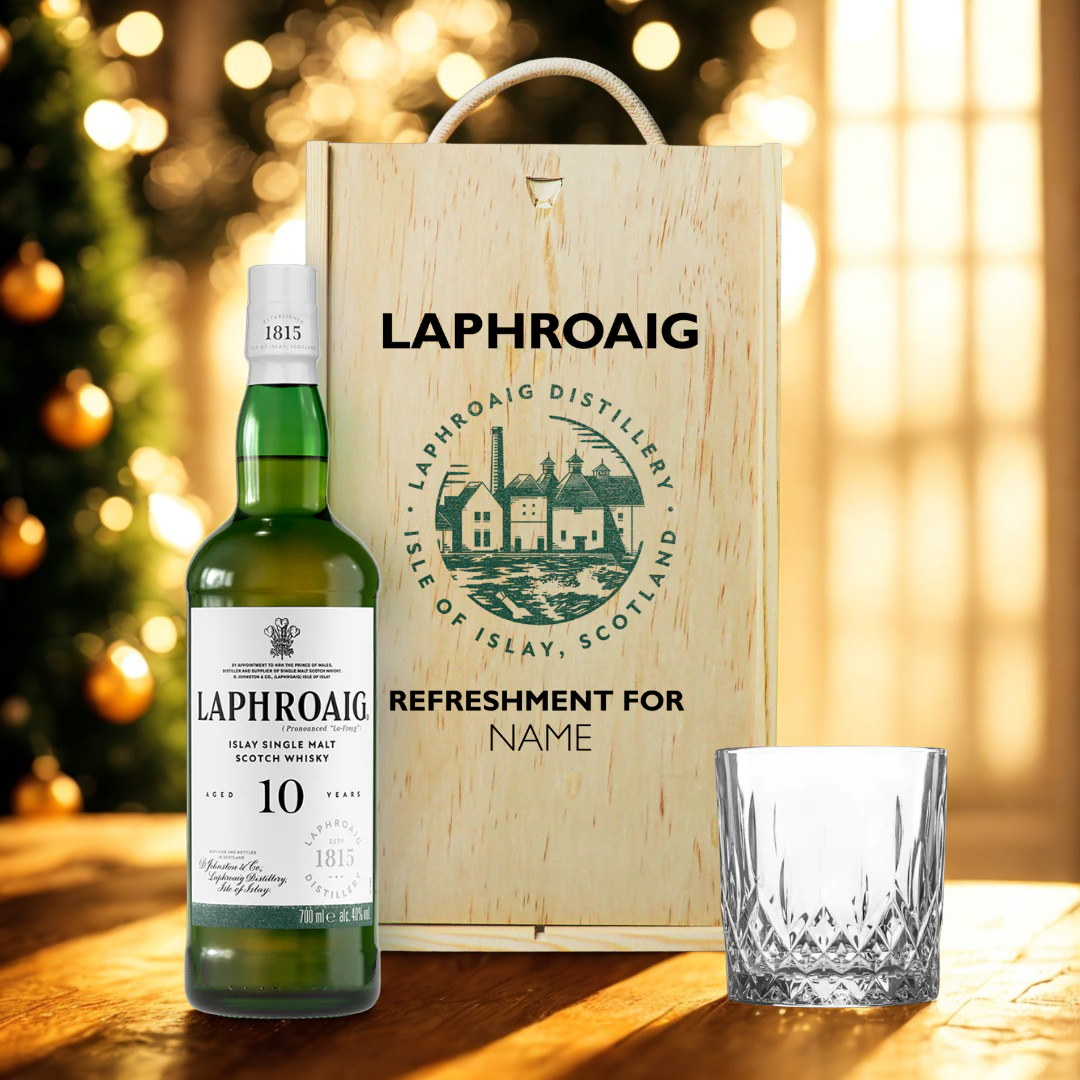 Personalised Laphroaig 10 Year Old Single Malt Scotch Whisky Gift Set with Whisky Glass in Wooden Box - 70cl (40%)