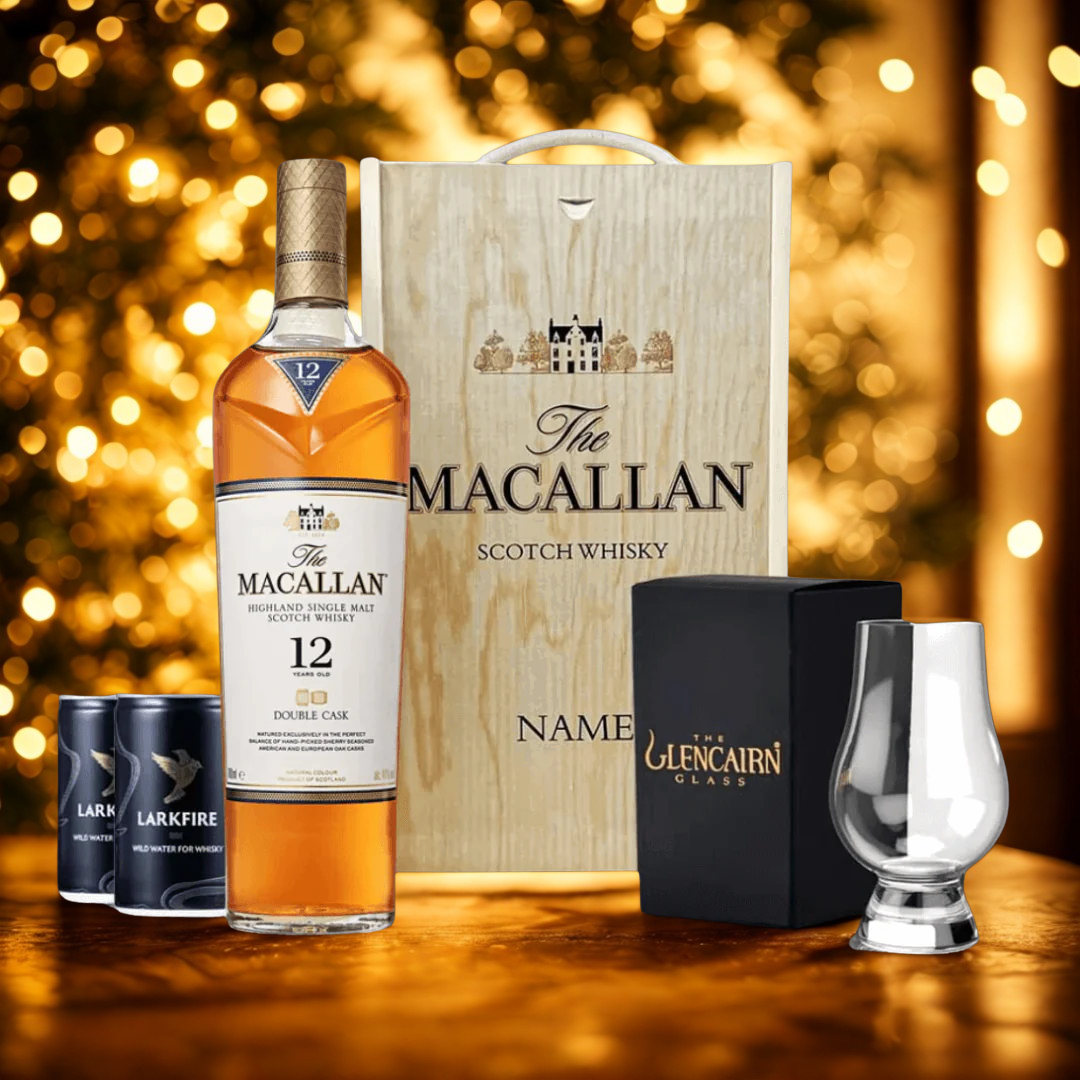 Personalised Macallan 12 Year Double Cask Scotch Whisky Gift Set with Glencairn Glass & Larkfire Whisky Water