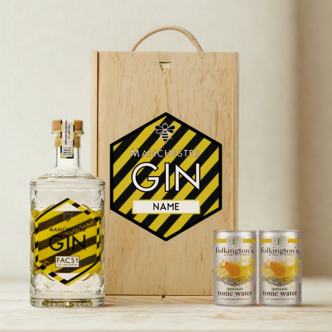 Personalised Manchester Gin FAC51 Hacienda Edition Gift Set with Folkingtons Tonics 50cl - (42% ABV)
