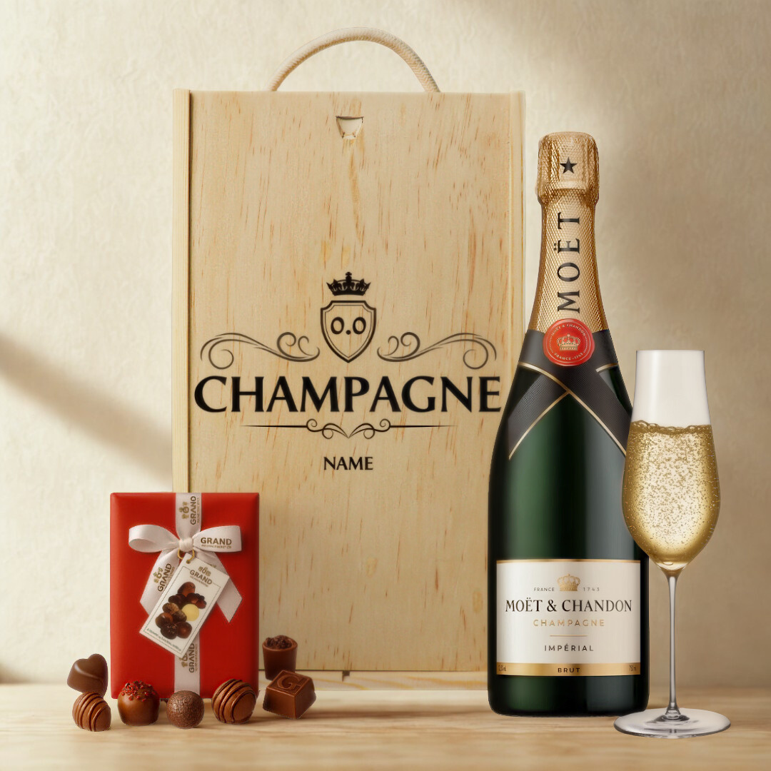 Personalised Moët & Chandon Champagne Gift Box with Belgian Chocolates (75cl)