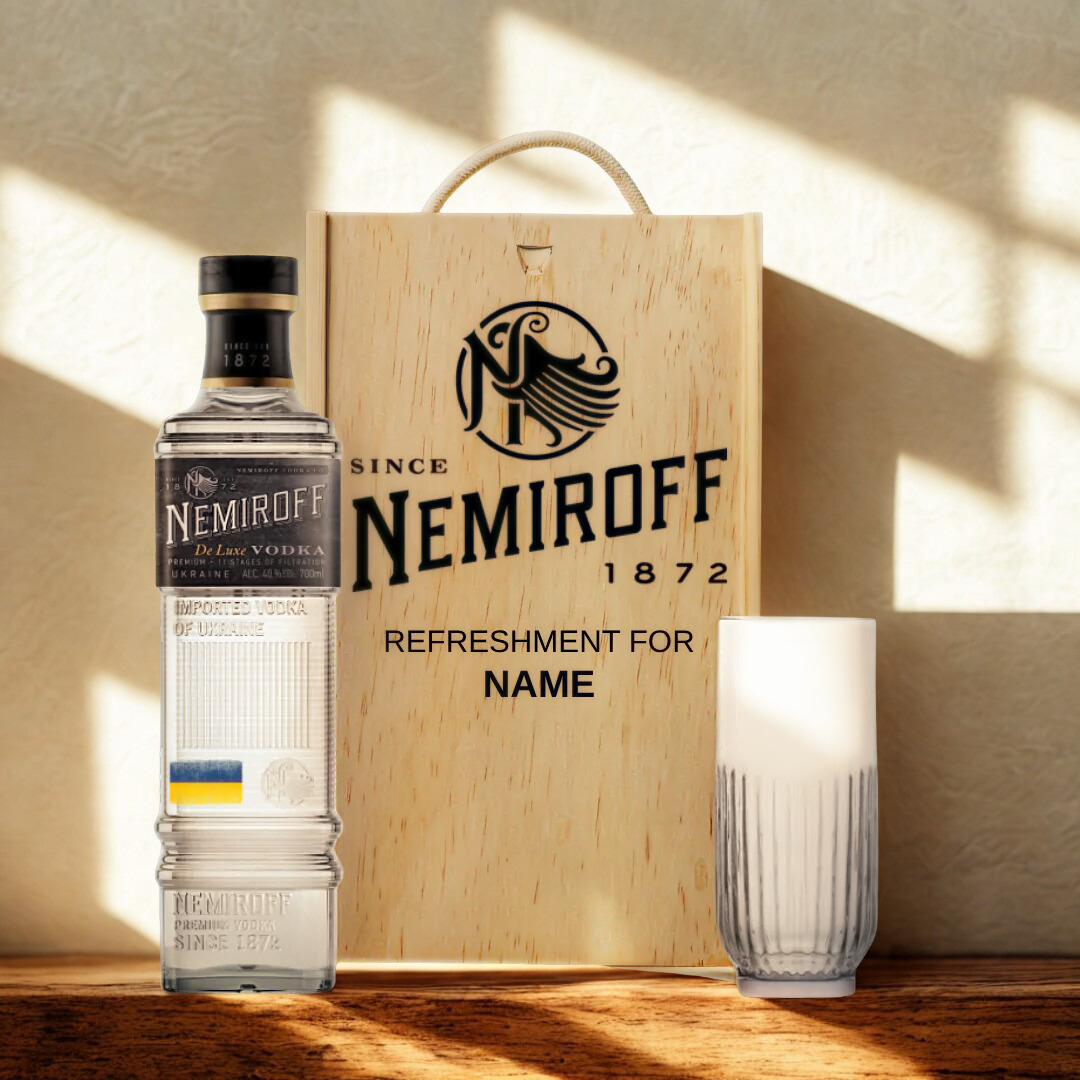 Personalised Nemiroff Vodka Gift Set with Glass &amp; Wooden Box – 70cl