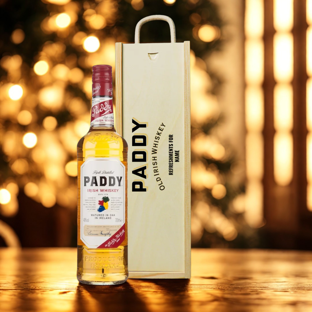 Personalised Paddy Irish Whiskey Gift Set in Wooden Box – 70cl (40% ABV)