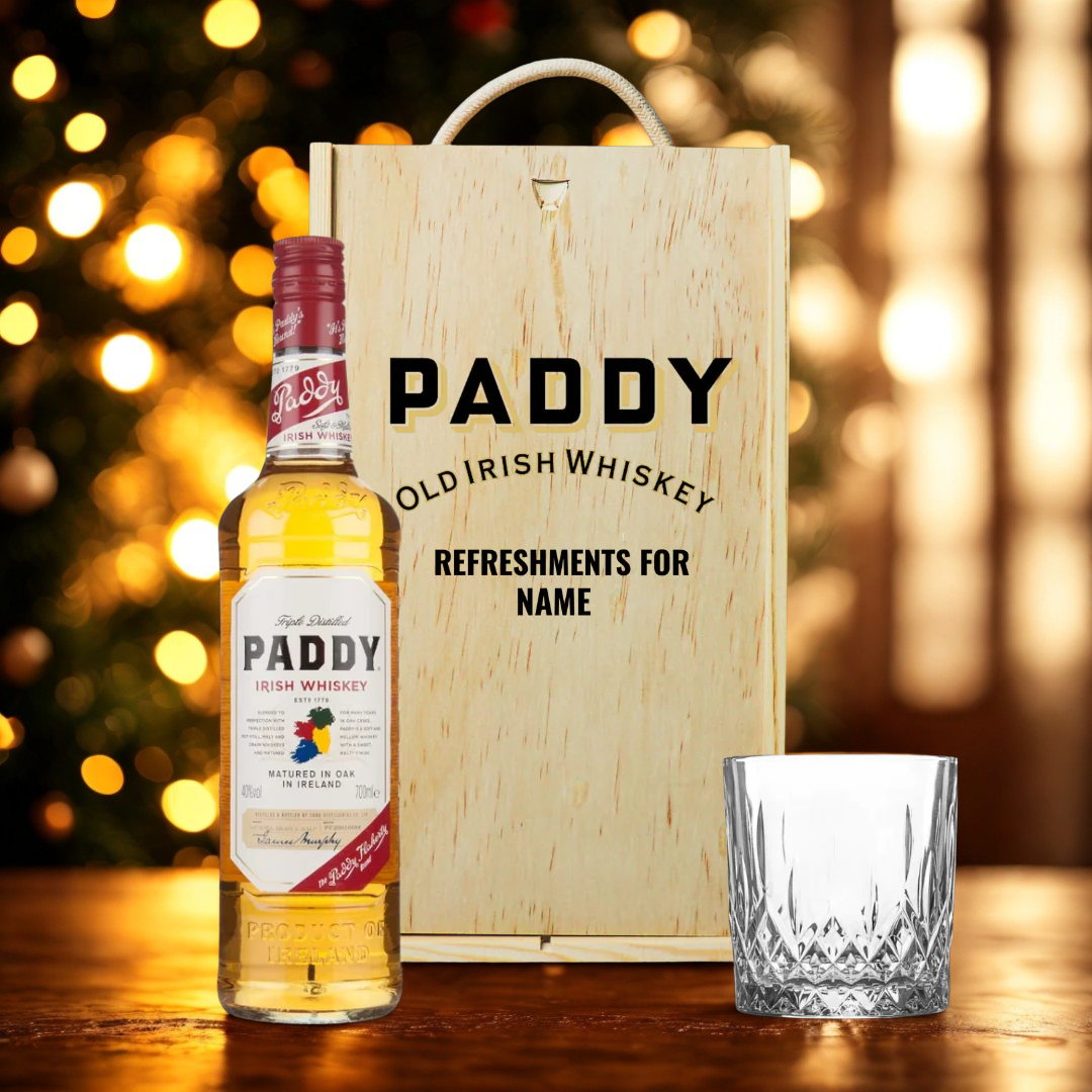 Personalised Paddy Irish Whiskey Set with Whiskey Glass in Wooden Box – 70cl (40% ABV)