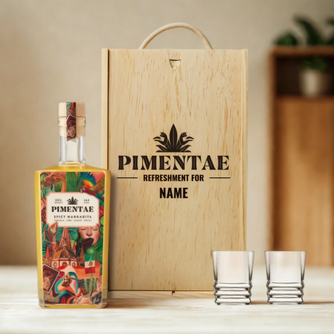 Personalised Pimentae Spicy Margarita Tequila with Shot Glasses Gift Set - 50cl (14.5% ABV)