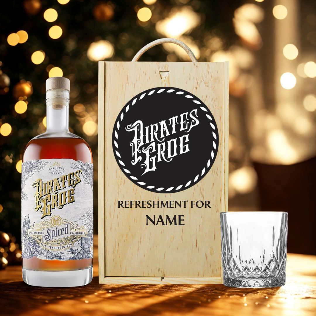 Personalised Pirate's Grog Spiced Rum with Glass in Wooden Box Gift Set