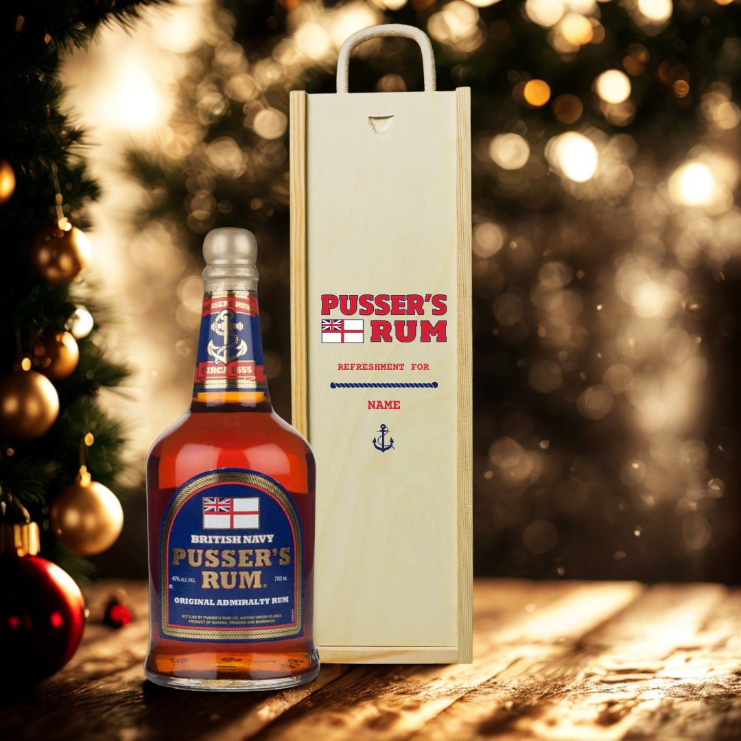 Personalised Pusser&#39;s Rum Gift Set in Wooden Box - 40% ABV (70cl)