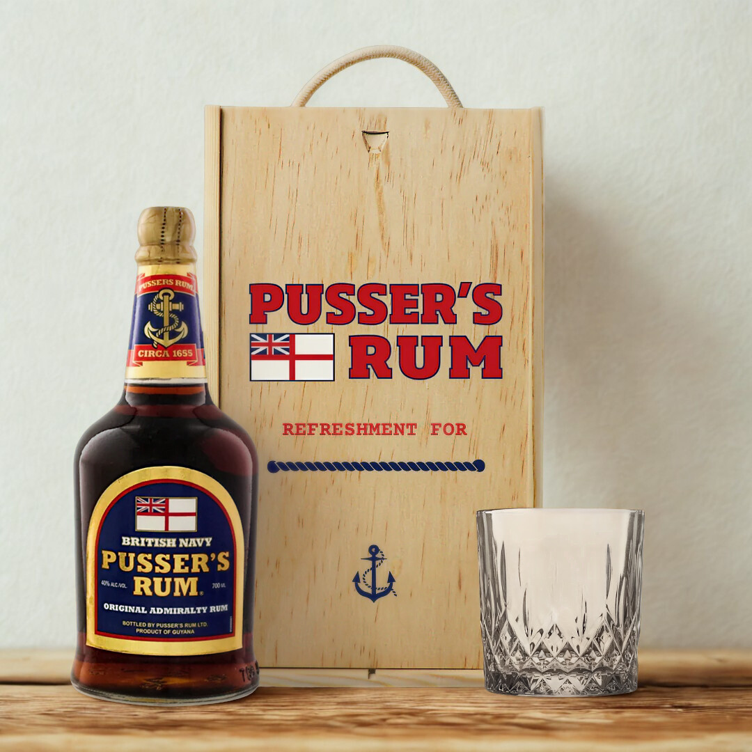 Personalised Pusser's Rum Gift Set in Wooden Box - 40% ABV (70cl)