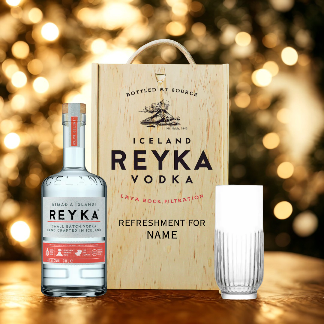 Personalised Reyka Vodka Gift Set with Glass &amp; Wooden Box – 70cl