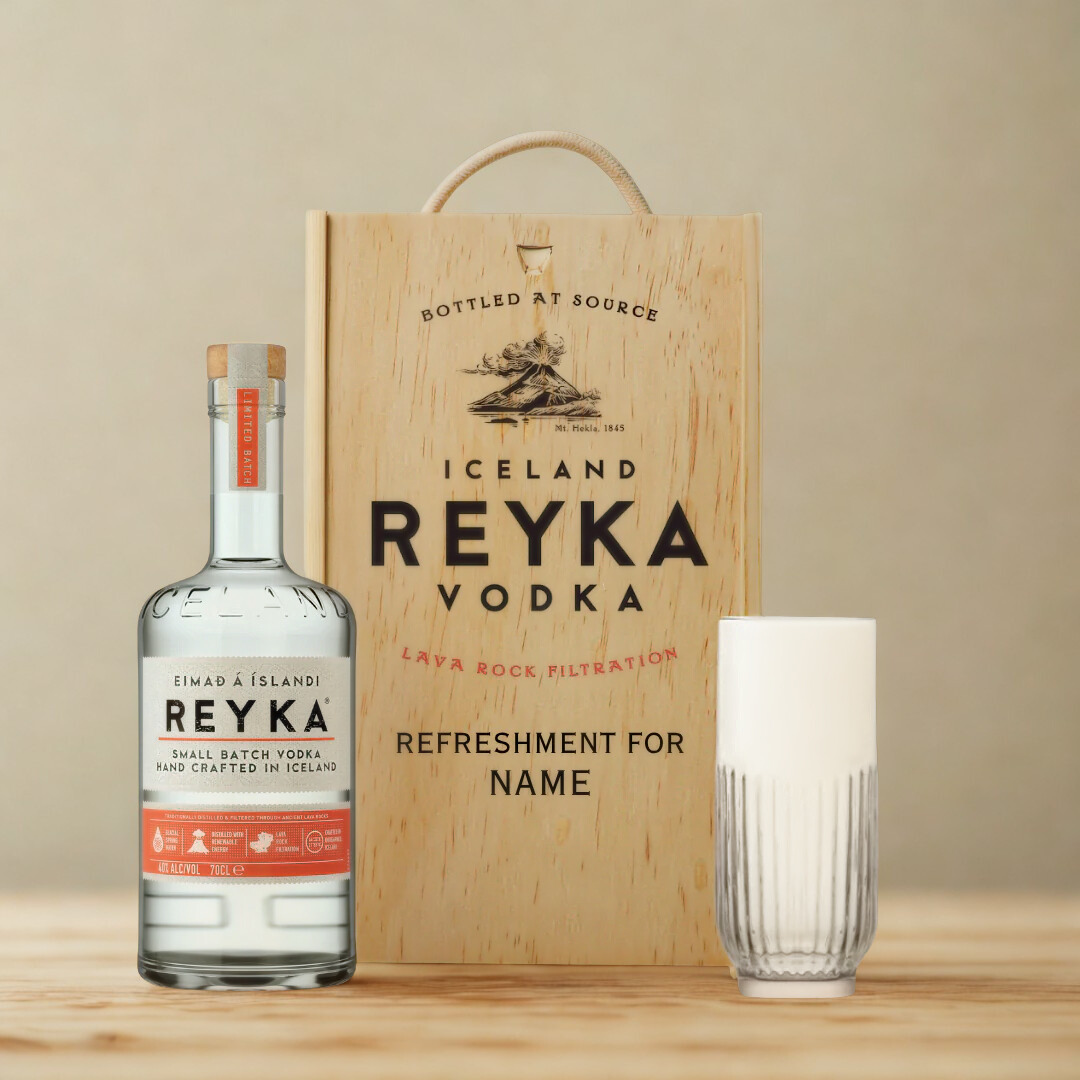 Personalised Reyka Vodka Gift Set with Glass & Wooden Box – 70cl
