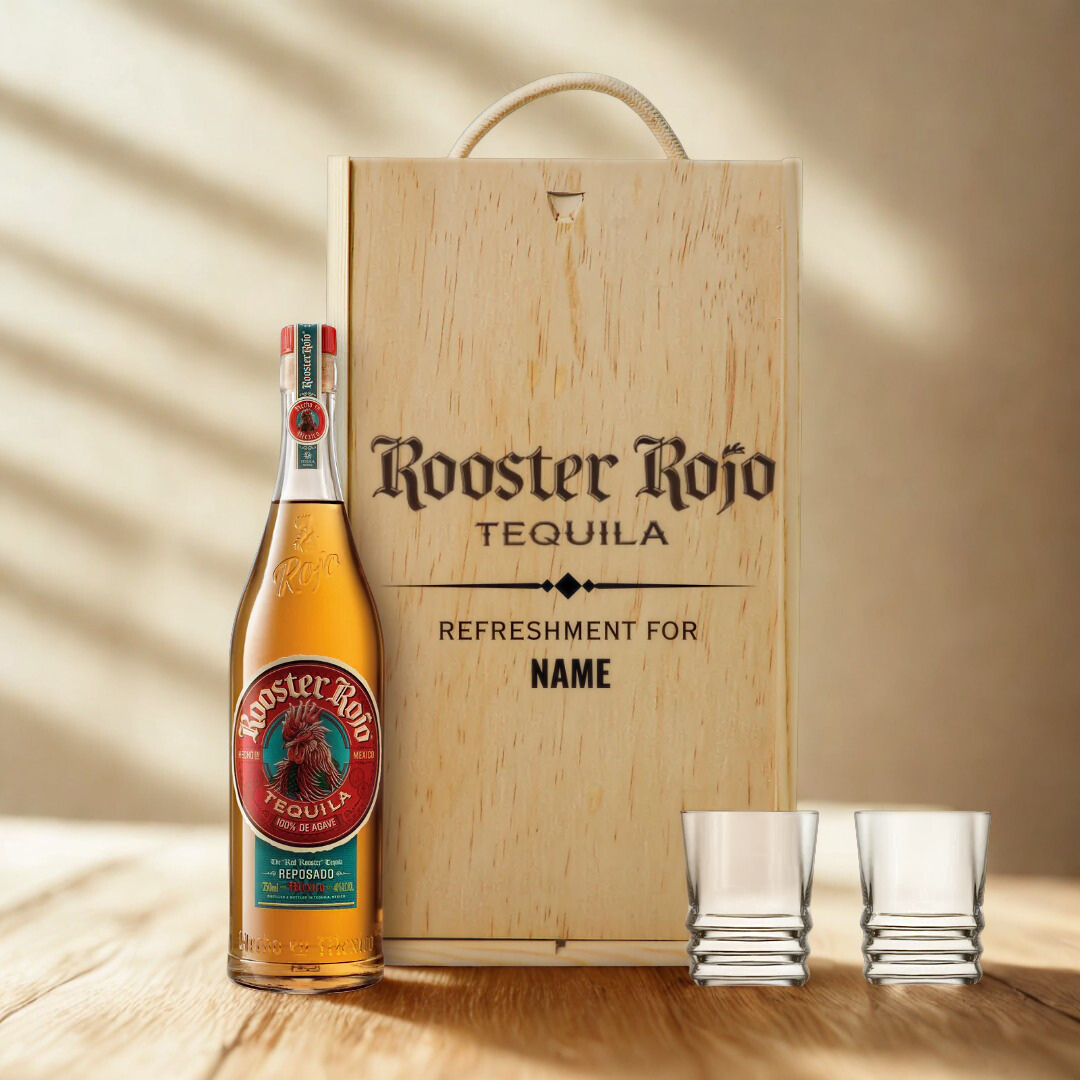 Personalised Rooster Rojo Tequila Gift Set with Shot Glasses – 70cl (38% ABV)