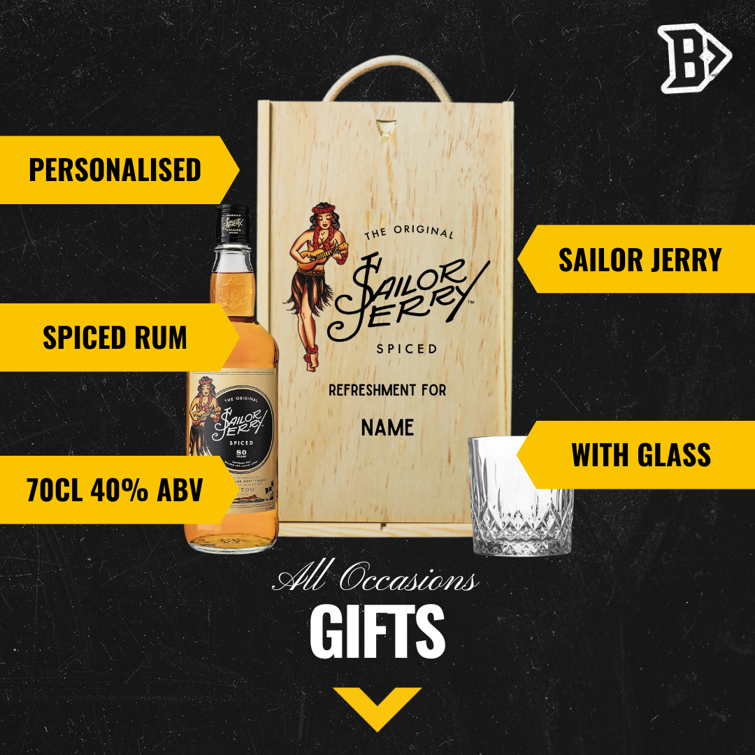 Personalised Sailor Jerry Rum gift set with Glass (70cl 40% ABV)