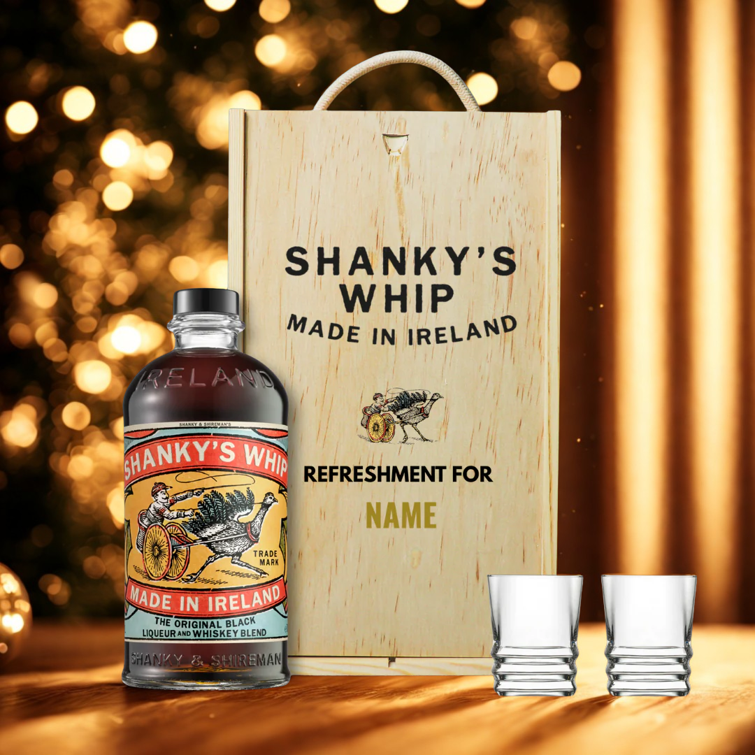 Personalised Shanky&#39;s Whip Black Irish Whisky Liqueur with Shot Glasses Gift Set - 70cl (35% ABV)
