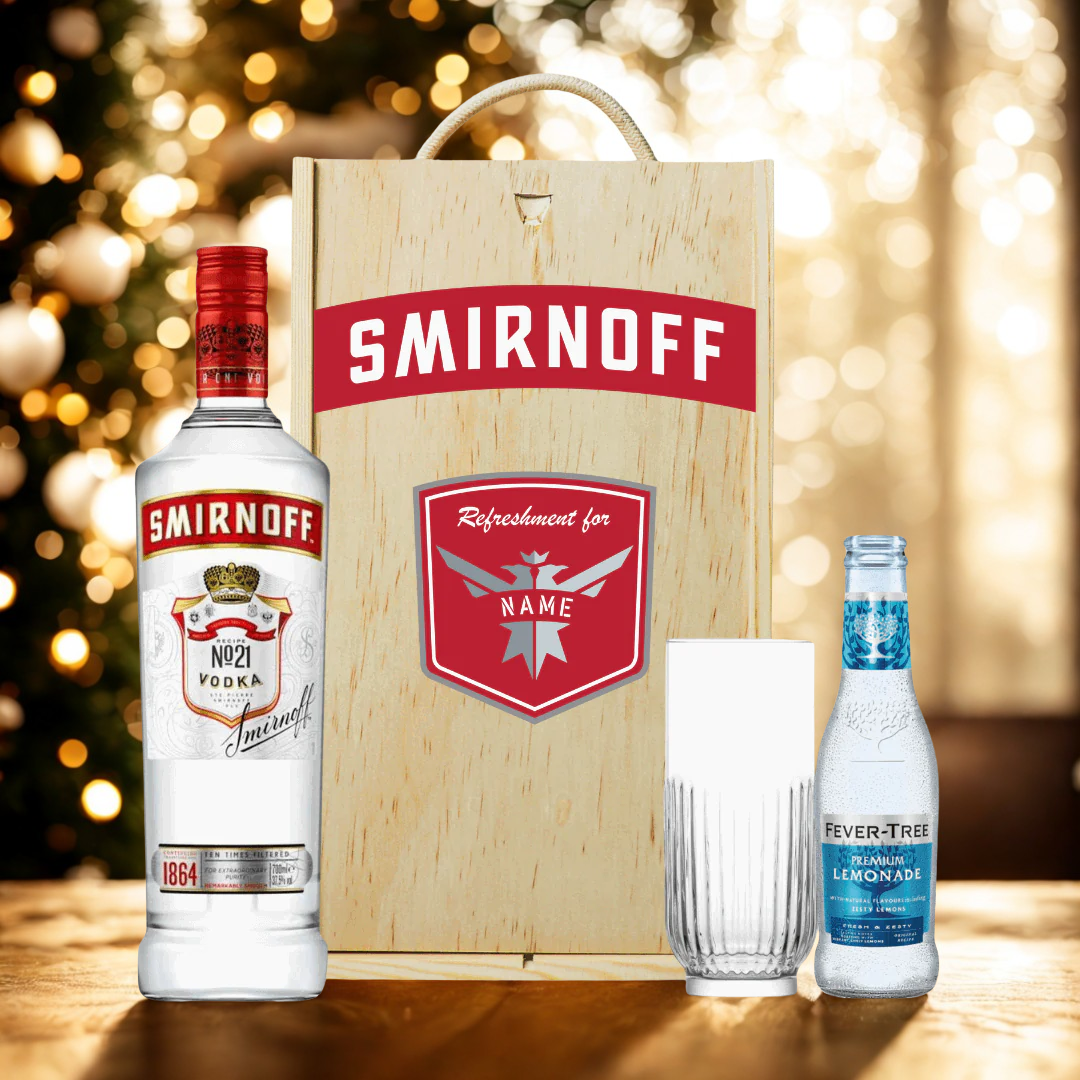 Personalised Smirnoff Vodka Gift Set Triple Distilled Gift Set with Rocks Glass &amp; Fever Tree Lemonade - 70cl (37.5% ABV)