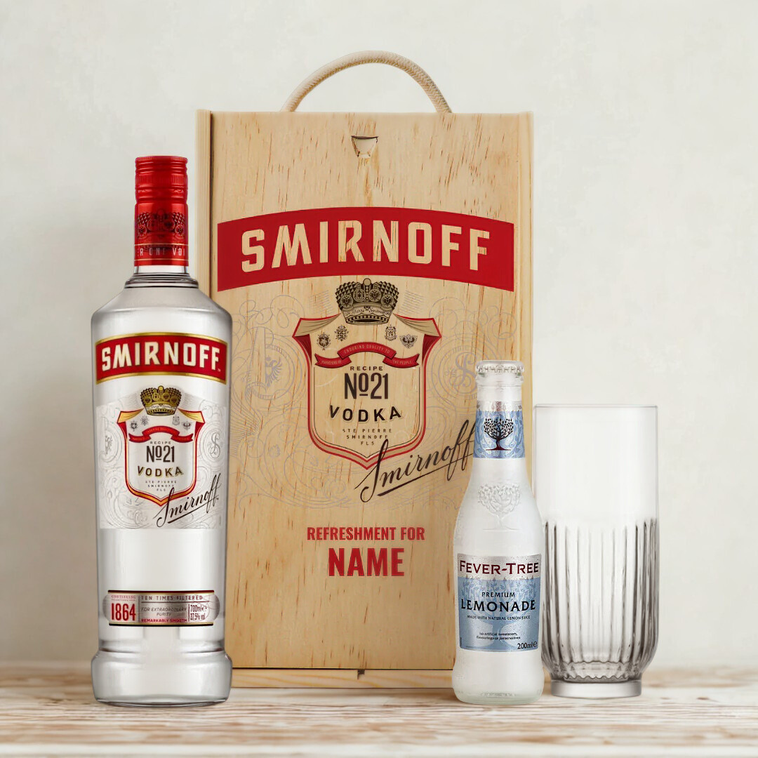 Personalised Smirnoff Vodka Gift Set Triple Distilled Gift Set with Rocks Glass & Fever Tree Lemonade - 70cl (37.5% ABV)