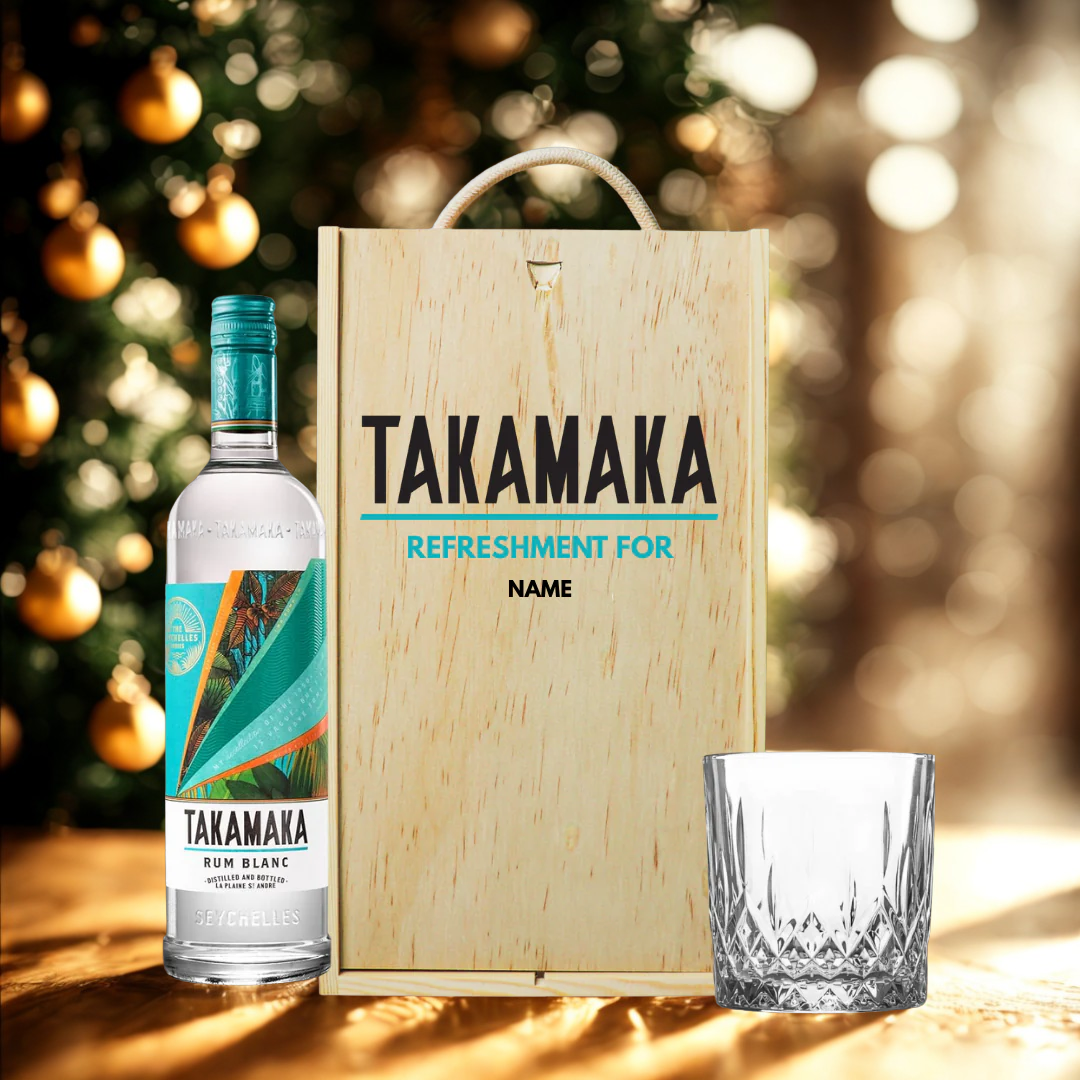 Personalised Takamaka Blanc White Rum with Glass in Wooden Box Gift Set