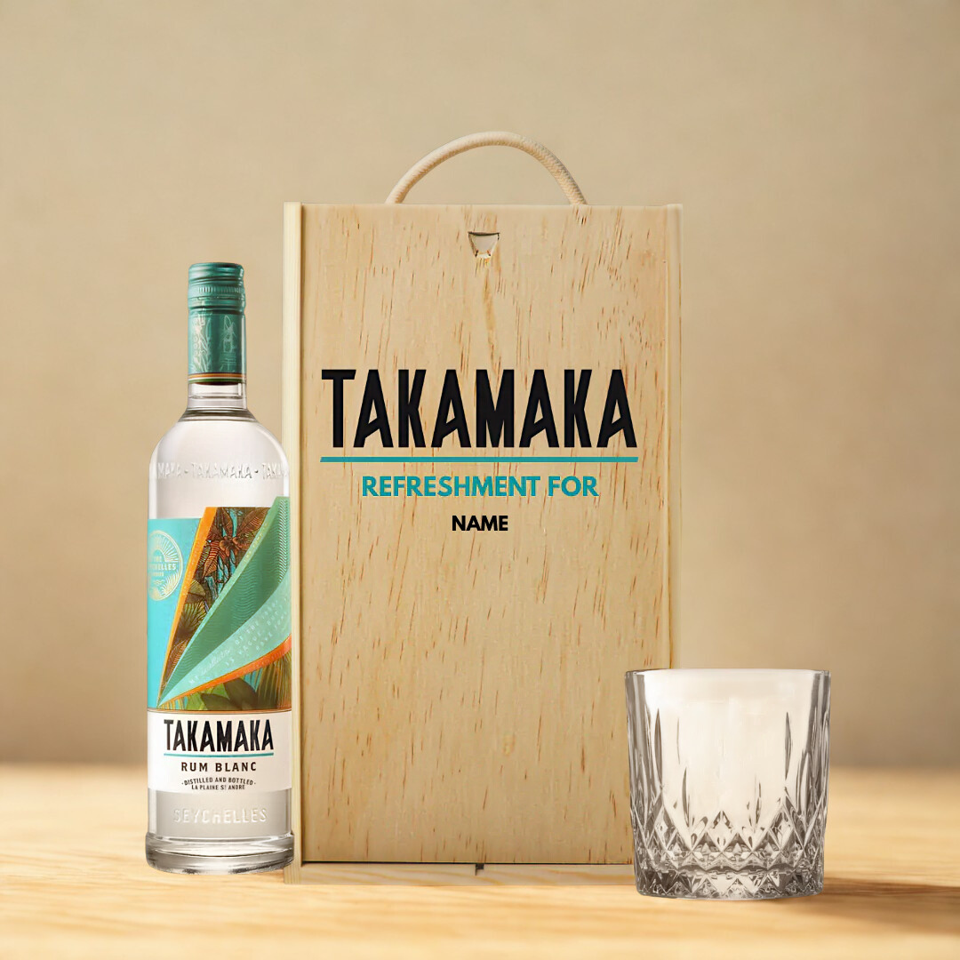 Personalised Takamaka Blanc White Rum with Glass in Wooden Box Gift Set