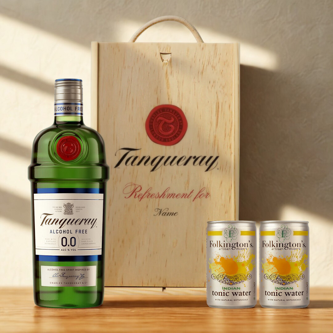 Personalised Tanqueray 0.0 Alcohol-Free Gin & Tonic Gift Set In Wooden Box – 0.0% ABV (70cl)