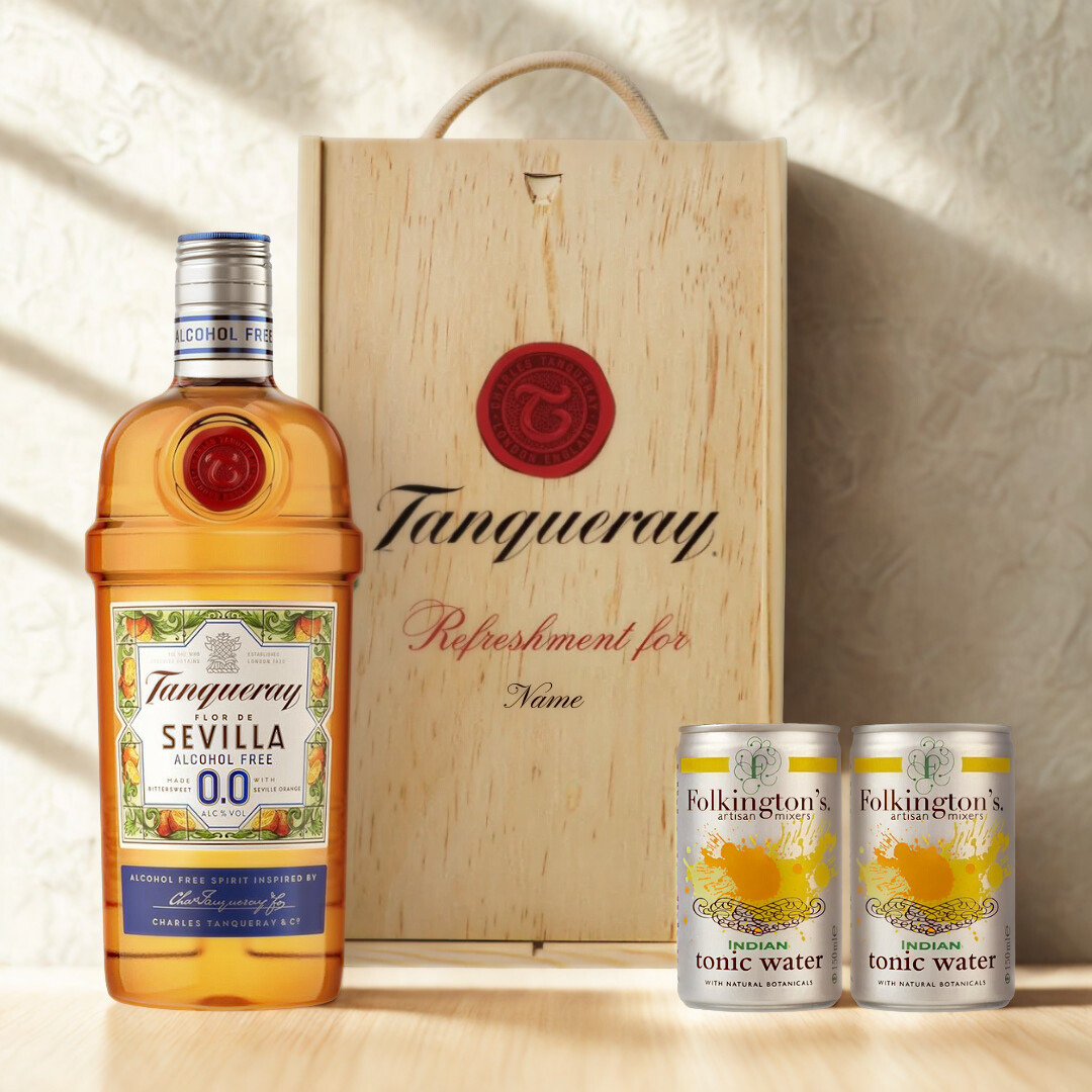 Personalised Tanqueray Sevilla 0.0 Alcohol-Free Gin & Tonic Gift Set In Wooden Box – 0.0% ABV (70cl)