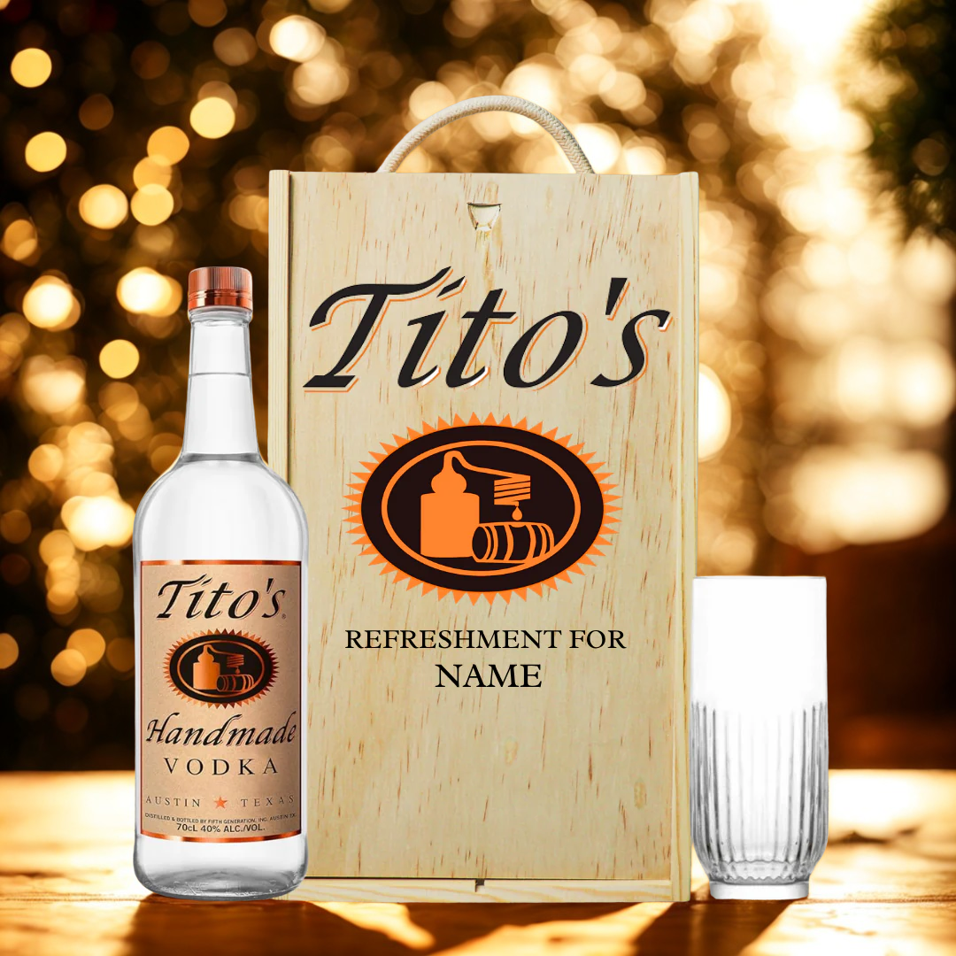 Personalised Tito’s Handmade Vodka Gift Set with Vodka Glass &amp; Wooden Box – 70cl