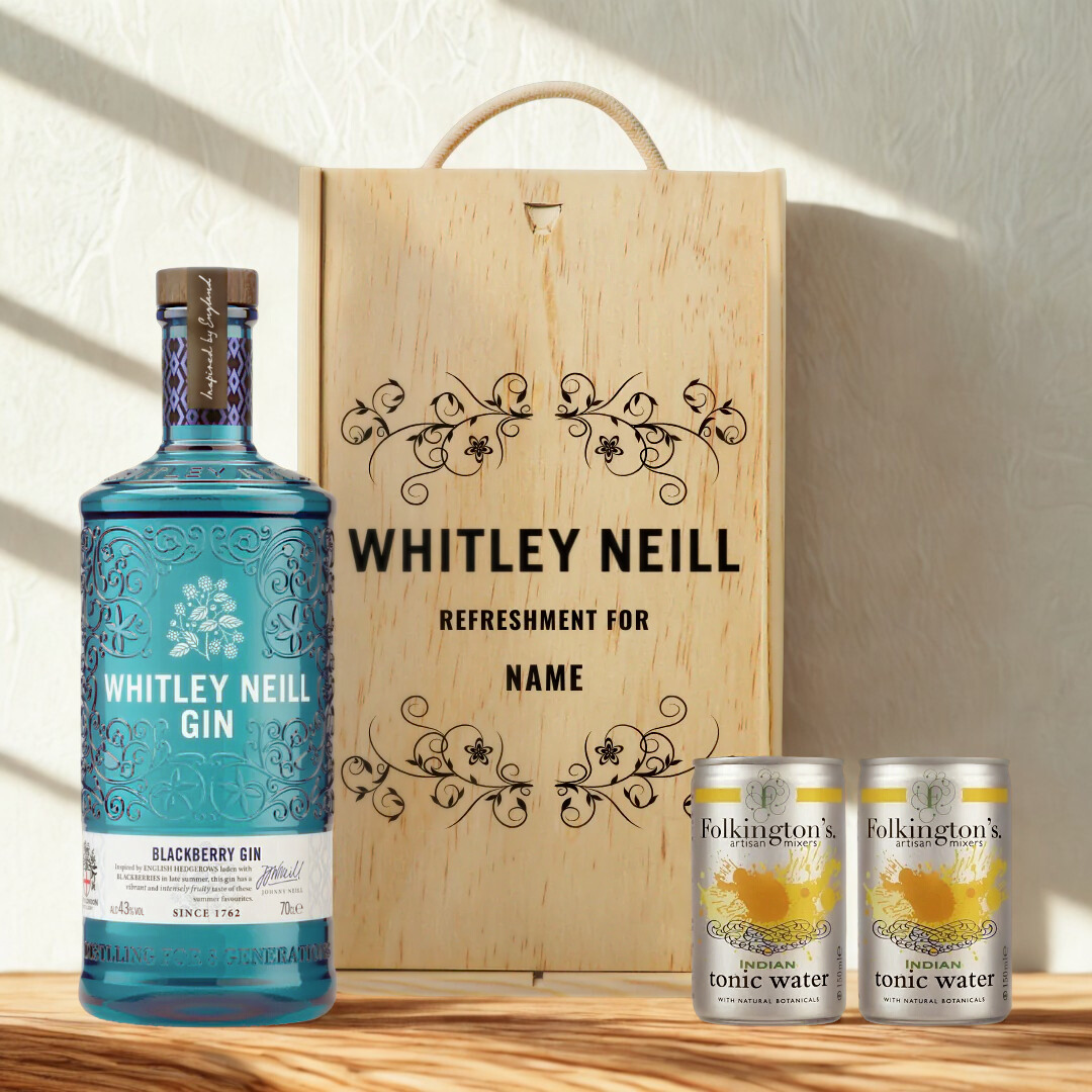 Personalised Whitley Neill Blackberry Gin Gift Set in Wooden Presentation Gift Box - 70cl