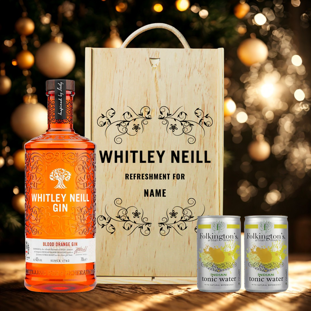 Personalised Whitley Neill Blood Orange Gin Gift Set in Wooden Presentation Gift Box - 70cl