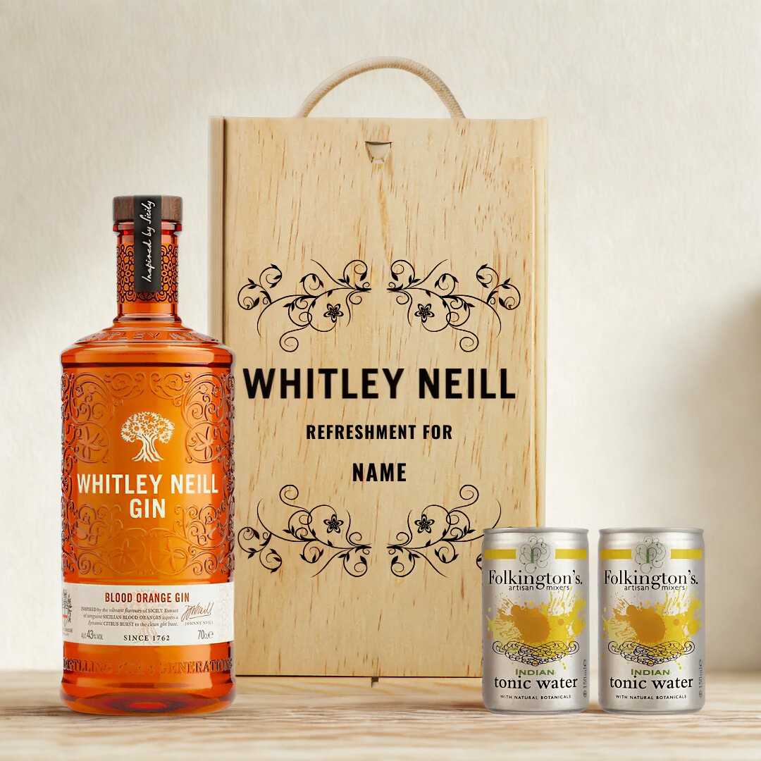 Personalised Whitley Neill Blood Orange Gin Gift Set in Wooden Presentation Gift Box - 70cl