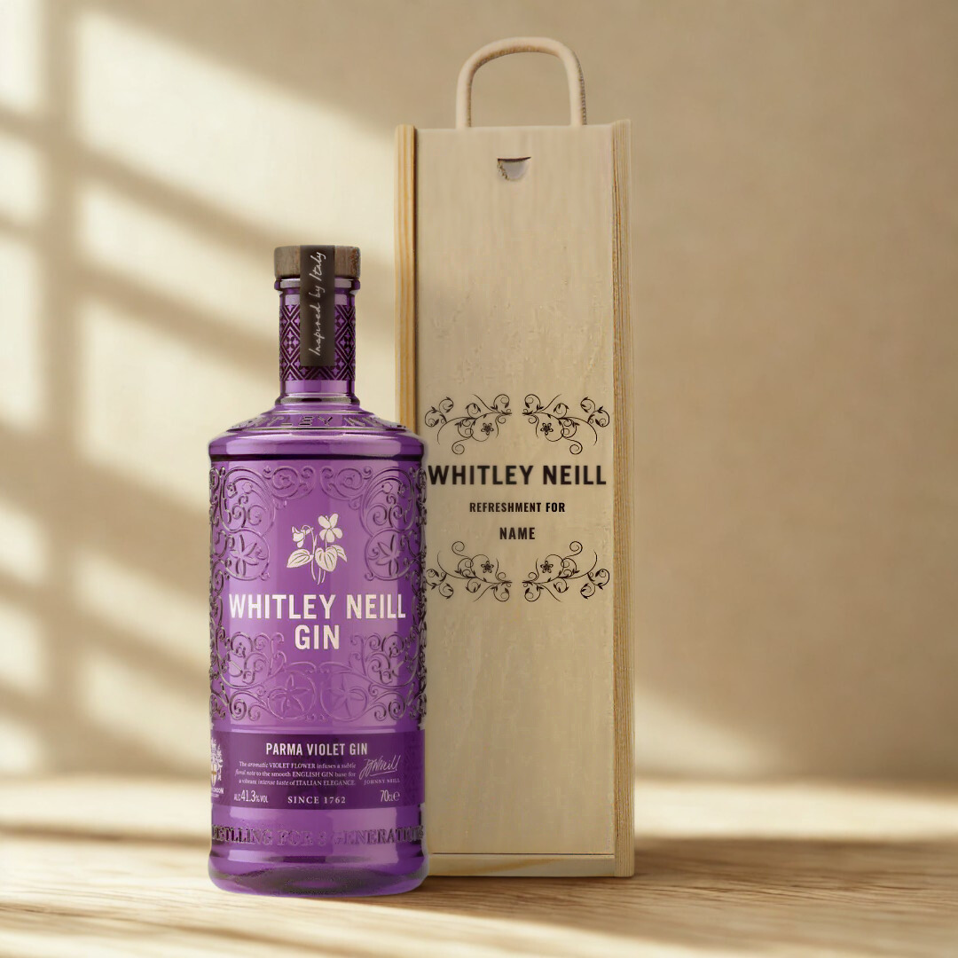 Personalised Whitley Neill Parma Violet Gin Gift Set in Wooden Presentation Gift Box - 70cl