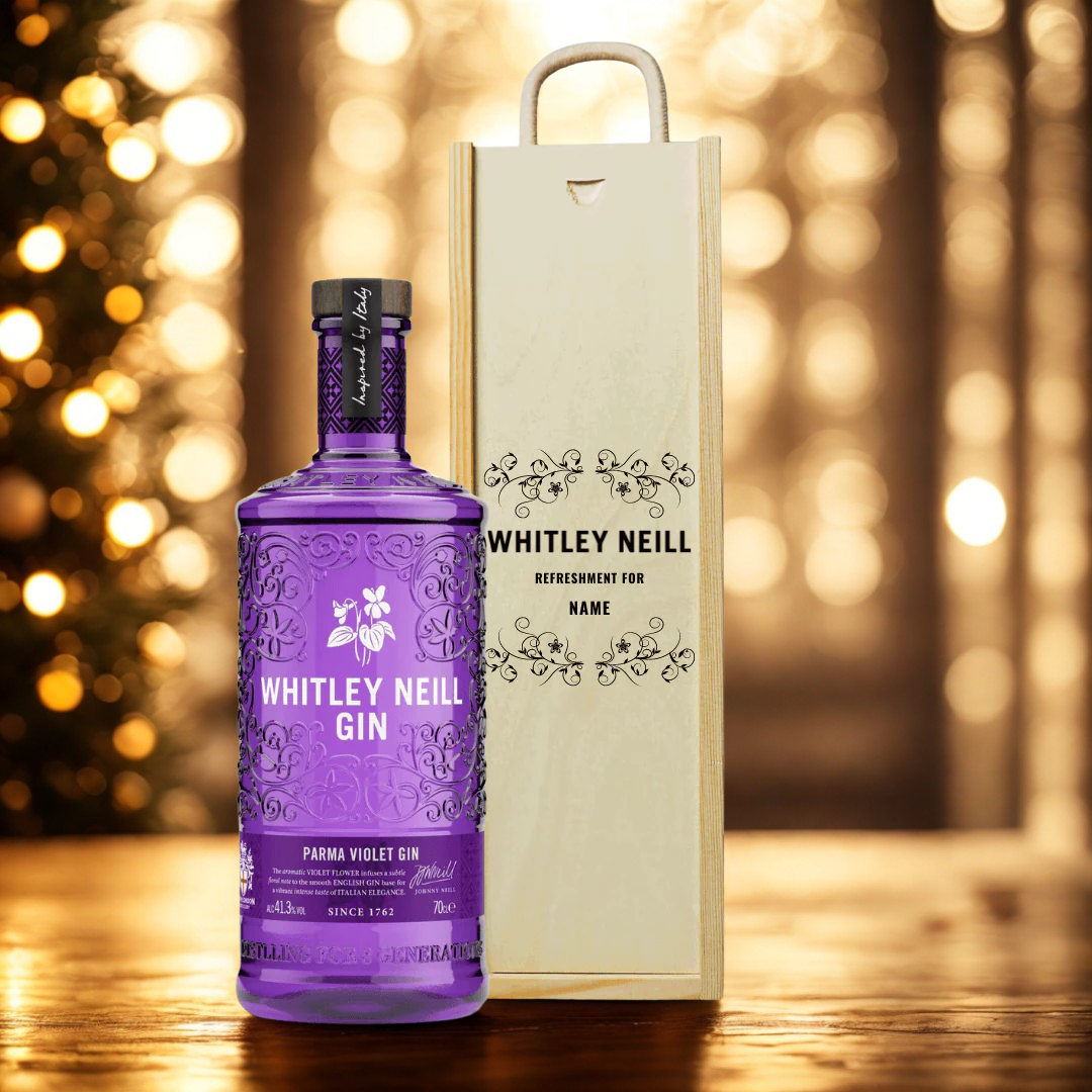 Personalised Whitley Neill Parma Violet Gin Gift Set in Wooden Presentation Gift Box - 70cl
