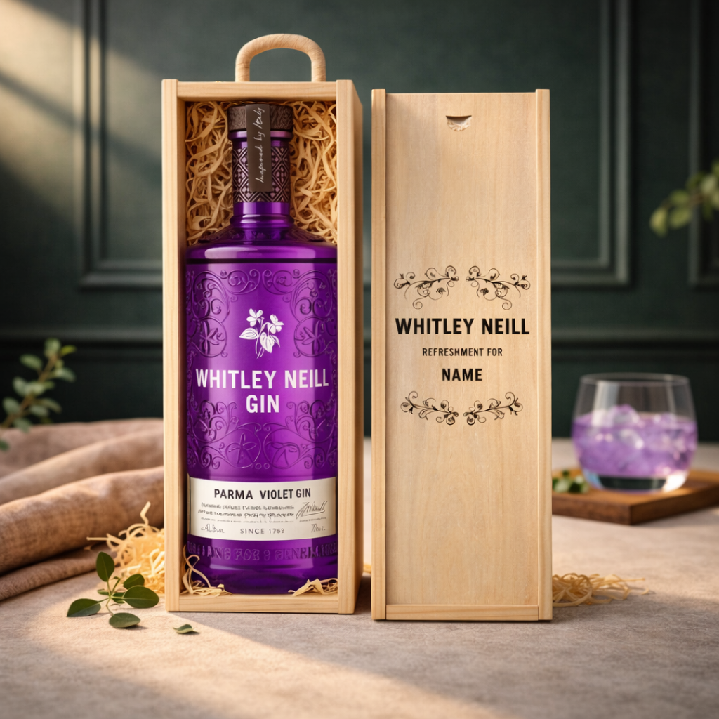Personalised Whitley Neill Parma Violet Gin Gift Set in Wooden Presentation Gift Box - 70cl