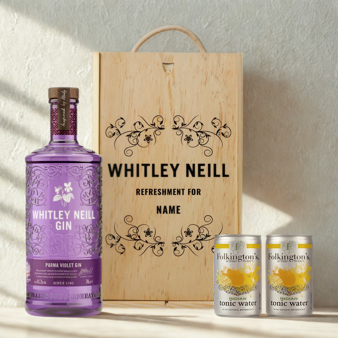 Personalised Whitley Neill Parma Violet Gin Gift Set in Wooden Presentation Gift Box - 70cl