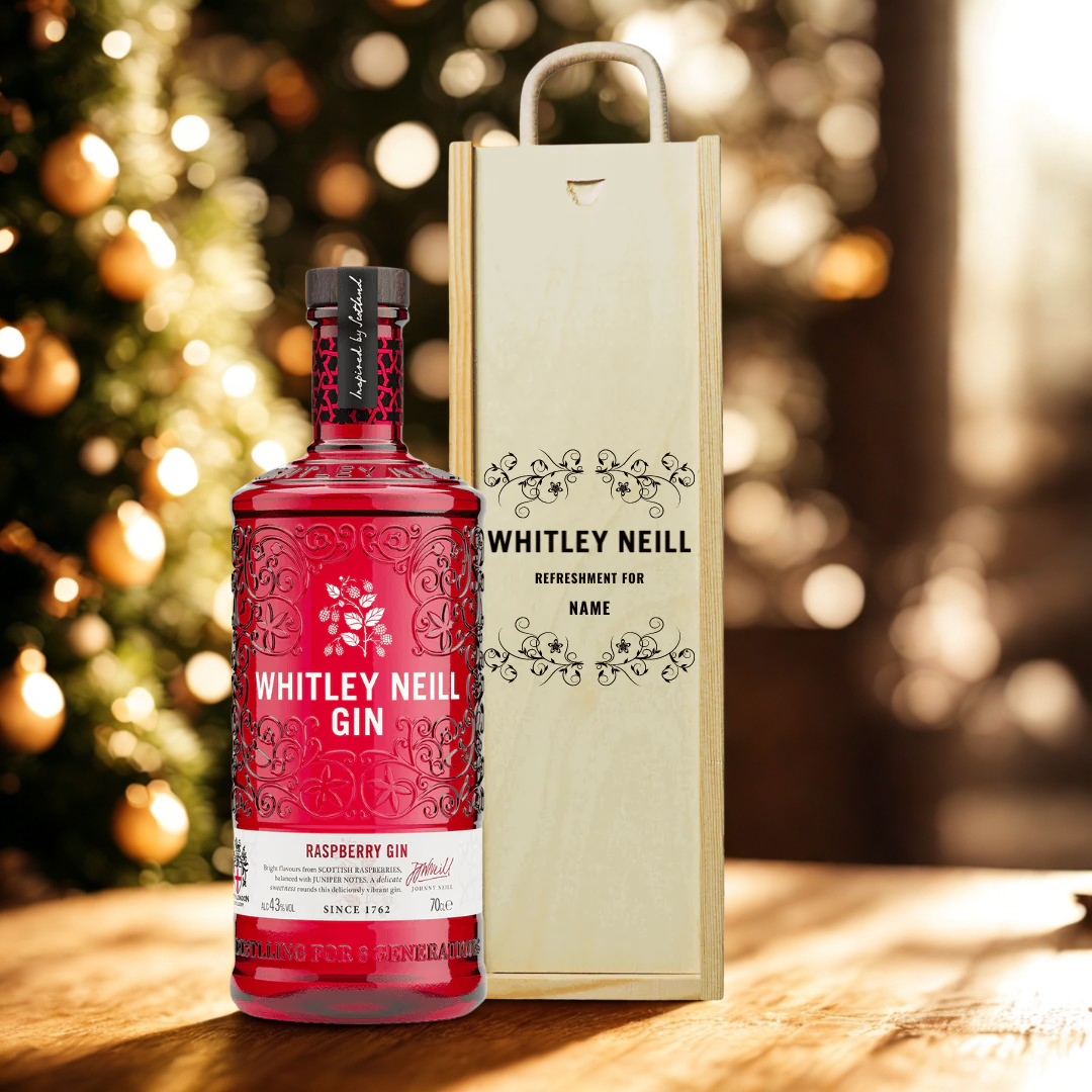 Personalised Whitley Neill Raspberry Gin Gift Set in Wooden Presentation Gift Box - 70cl
