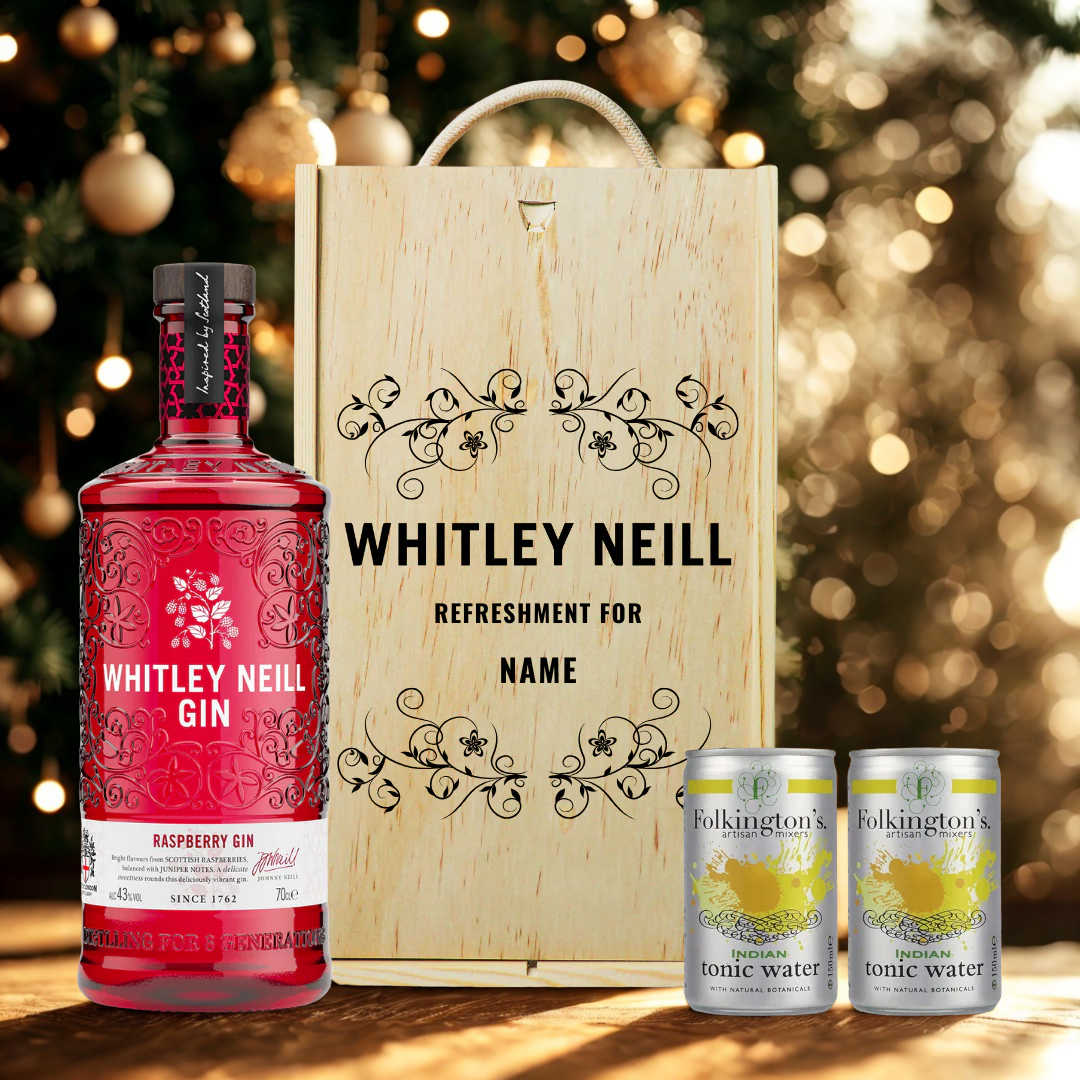 Personalised Whitley Neill Raspberry Gin Gift Set in Wooden Presentation Gift Box - 70cl