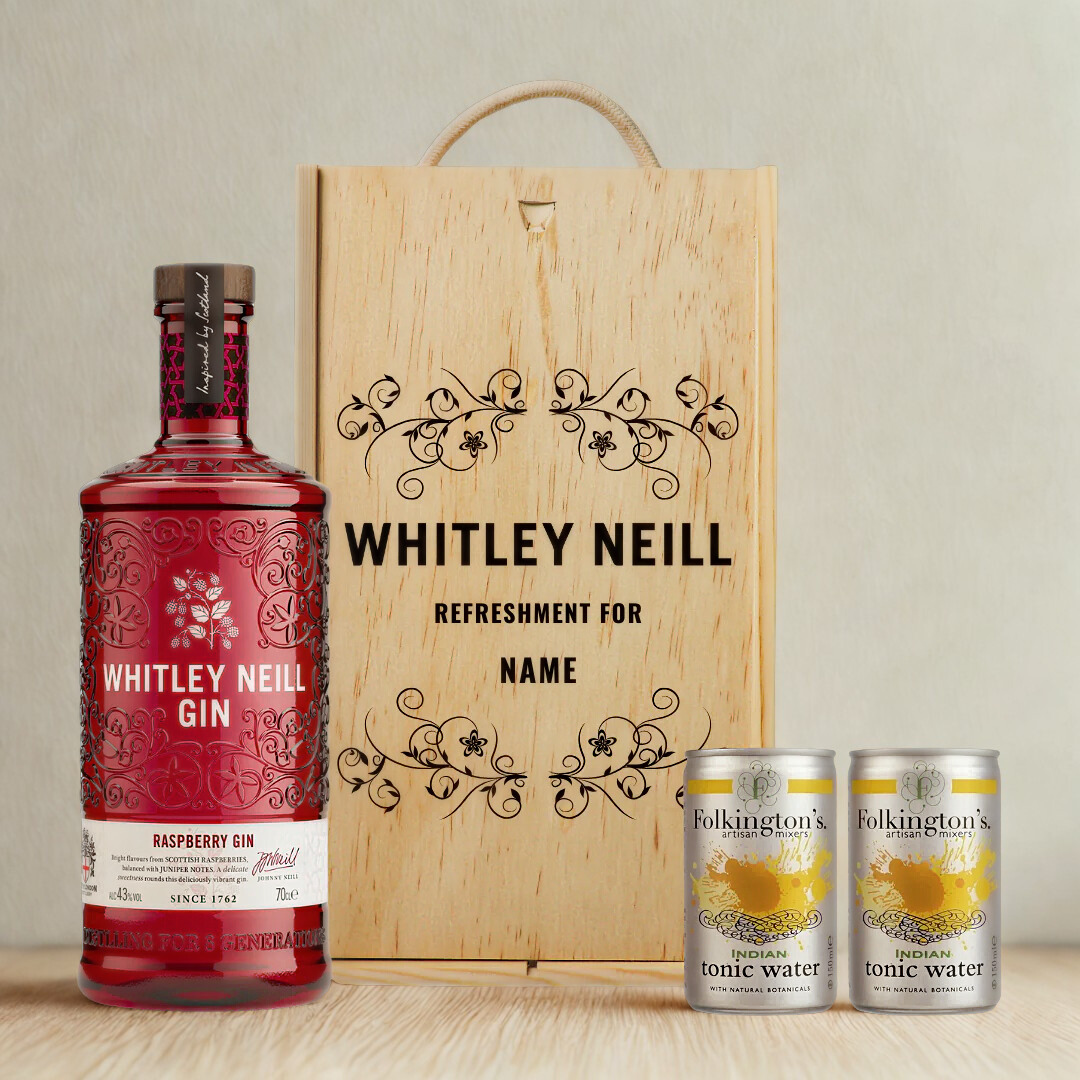Personalised Whitley Neill Raspberry Gin Gift Set in Wooden Presentation Gift Box - 70cl