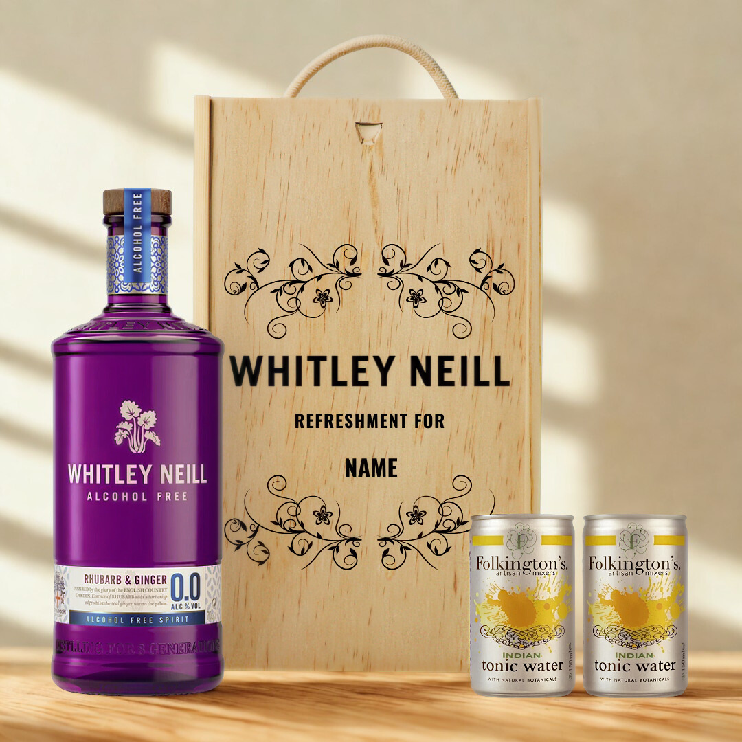 Personalised Whitley Neill Rhubarb & Ginger 0.0 Alcohol-Free Gin & Tonic Gift Set In Wooden Box – 0.0% ABV (70cl)