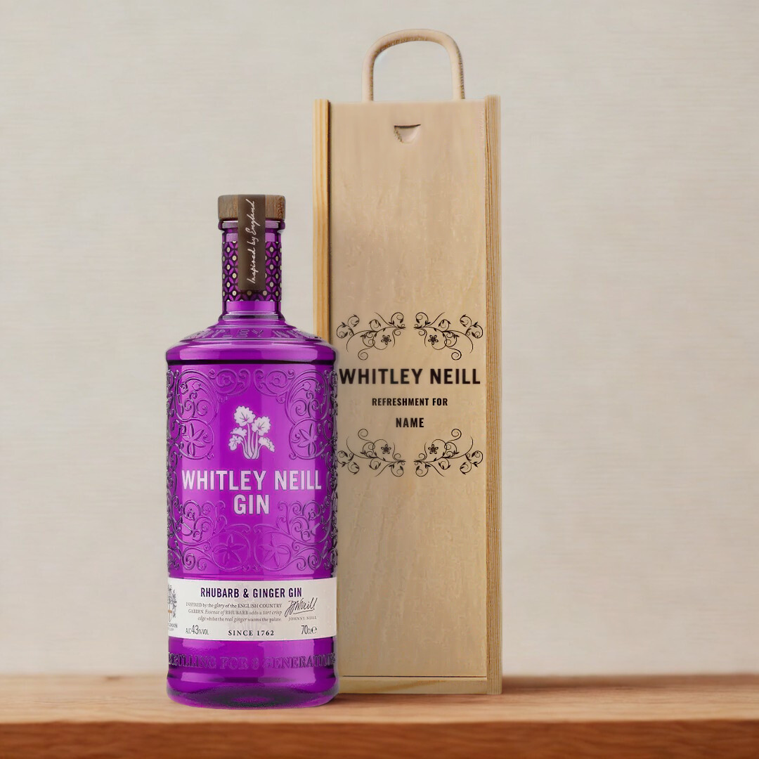Personalised Whitley Neill Rhubarb & Ginger Gin Gift Set in Wooden Presentation Gift Box - 70cl