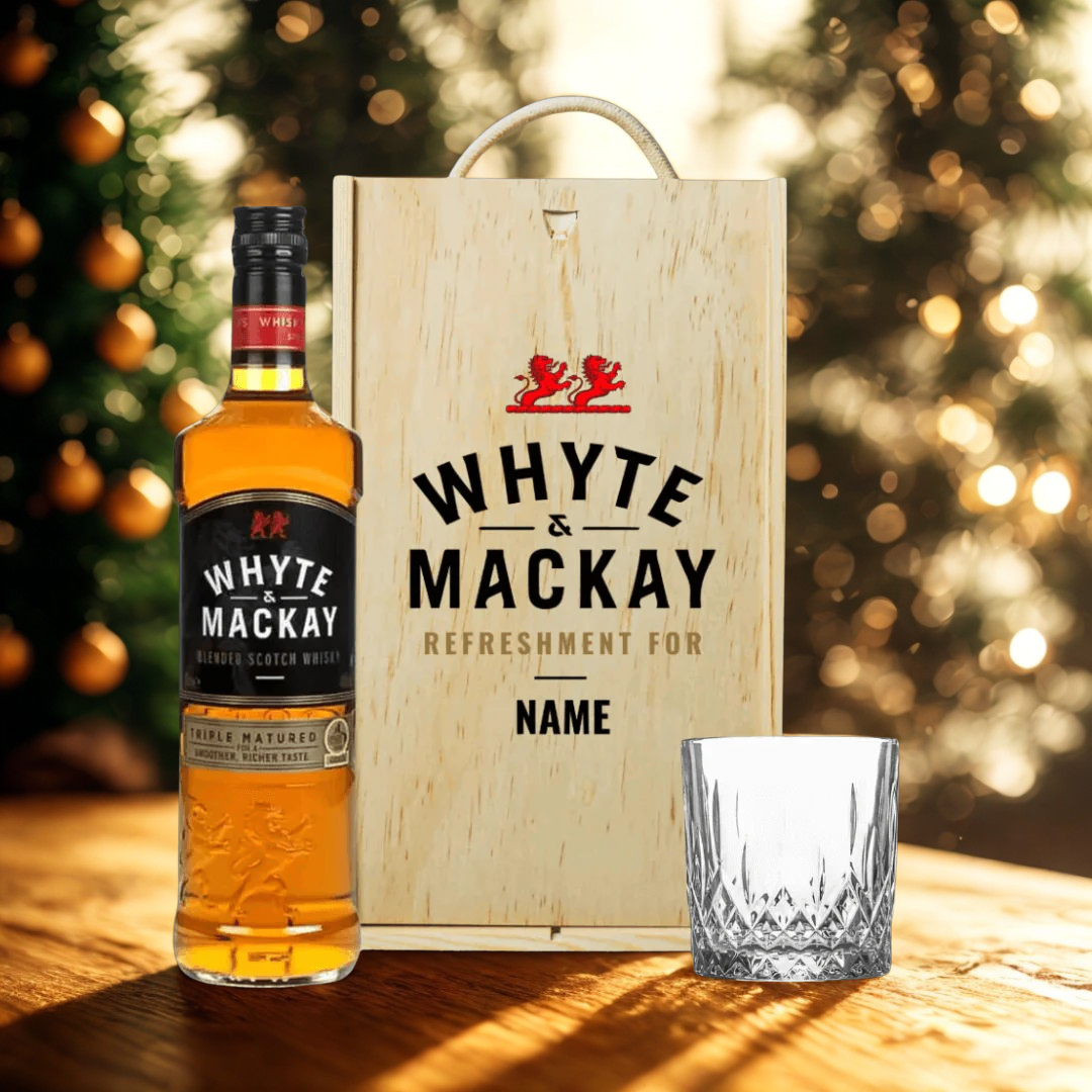 Personalised Whyte and Mackay Blended Scotch Whiskey in Wooden box with glass 70cl (40% ABV)