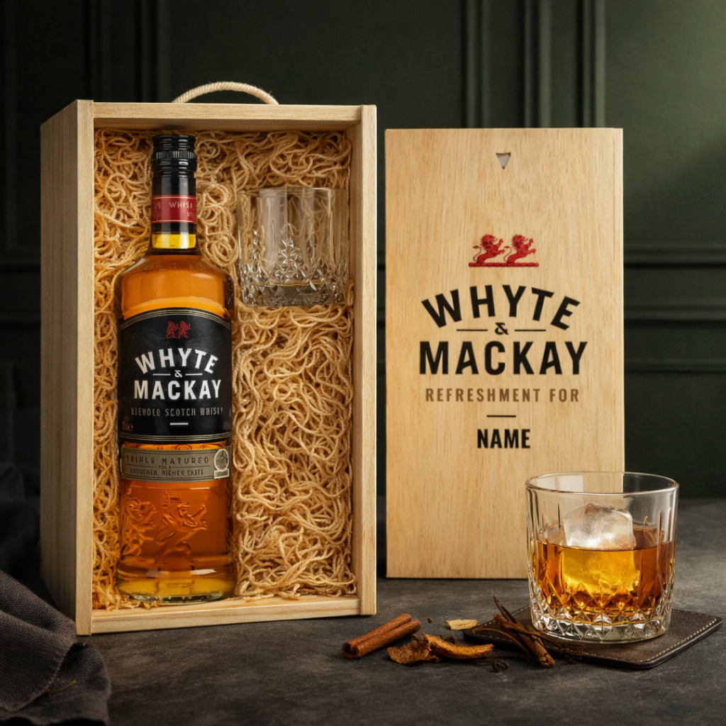 Personalised Whyte and Mackay Blended Scotch Whiskey in Wooden box with glass 70cl (40% ABV)