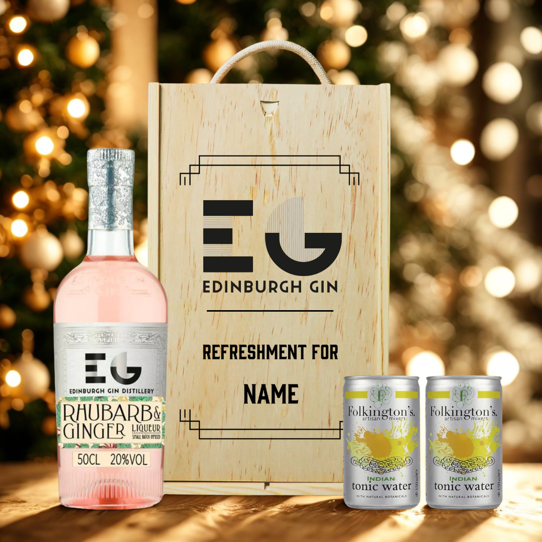 Personalised Wooden Gift Box with Edinburgh Rhubarb & Ginger Gin Liqueur with Folkington's Tonics