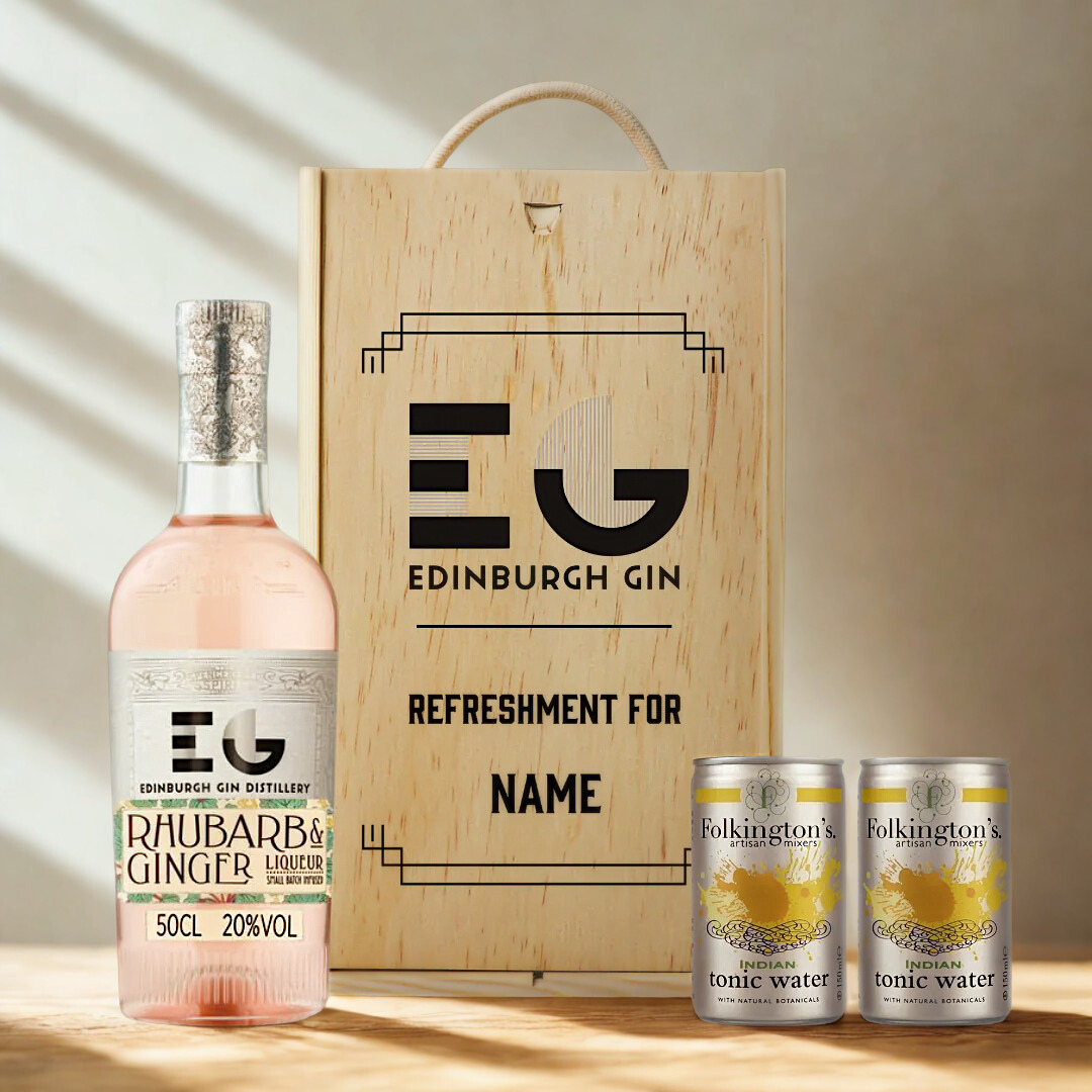 Personalised Wooden Gift Box with Edinburgh Rhubarb & Ginger Gin Liqueur with Folkington's Tonics