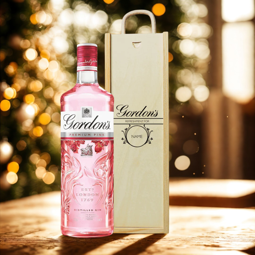 Personalised Wooden Gift Box with Gordon&#39;s Pink Gin
