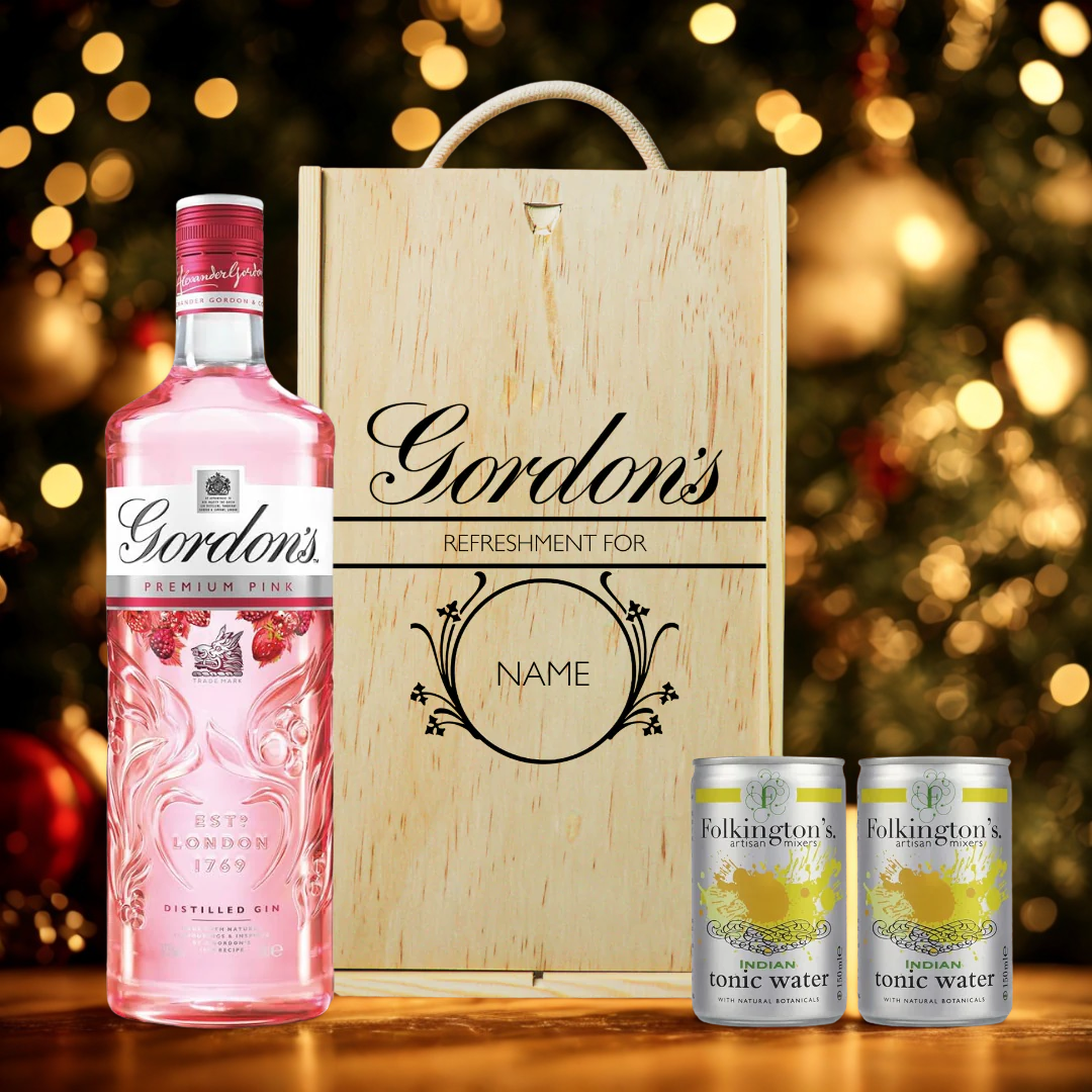 Personalised Wooden Gift Box with Gordon's Pink Gin
