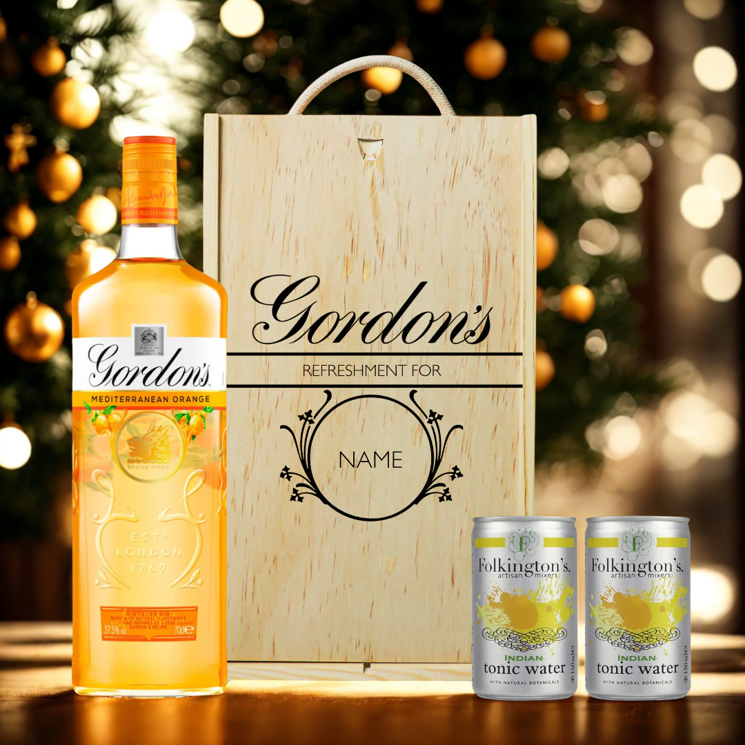 Personalised Wooden Gift Box with Gordons Mediterranean Orange Gin with Folkington's Tonics