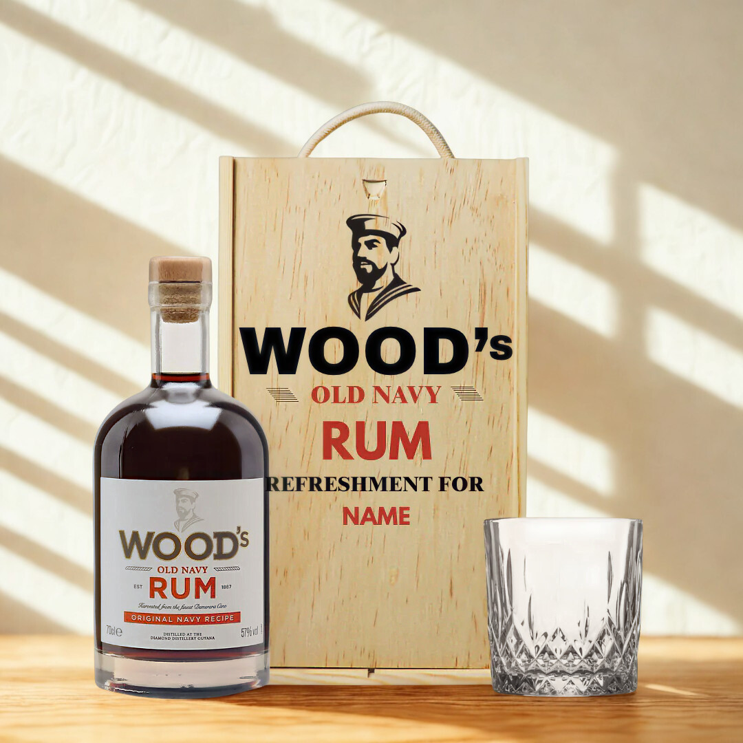 Personalised Woods Old Navy Rum with Glass in Wooden Box Gift Set
