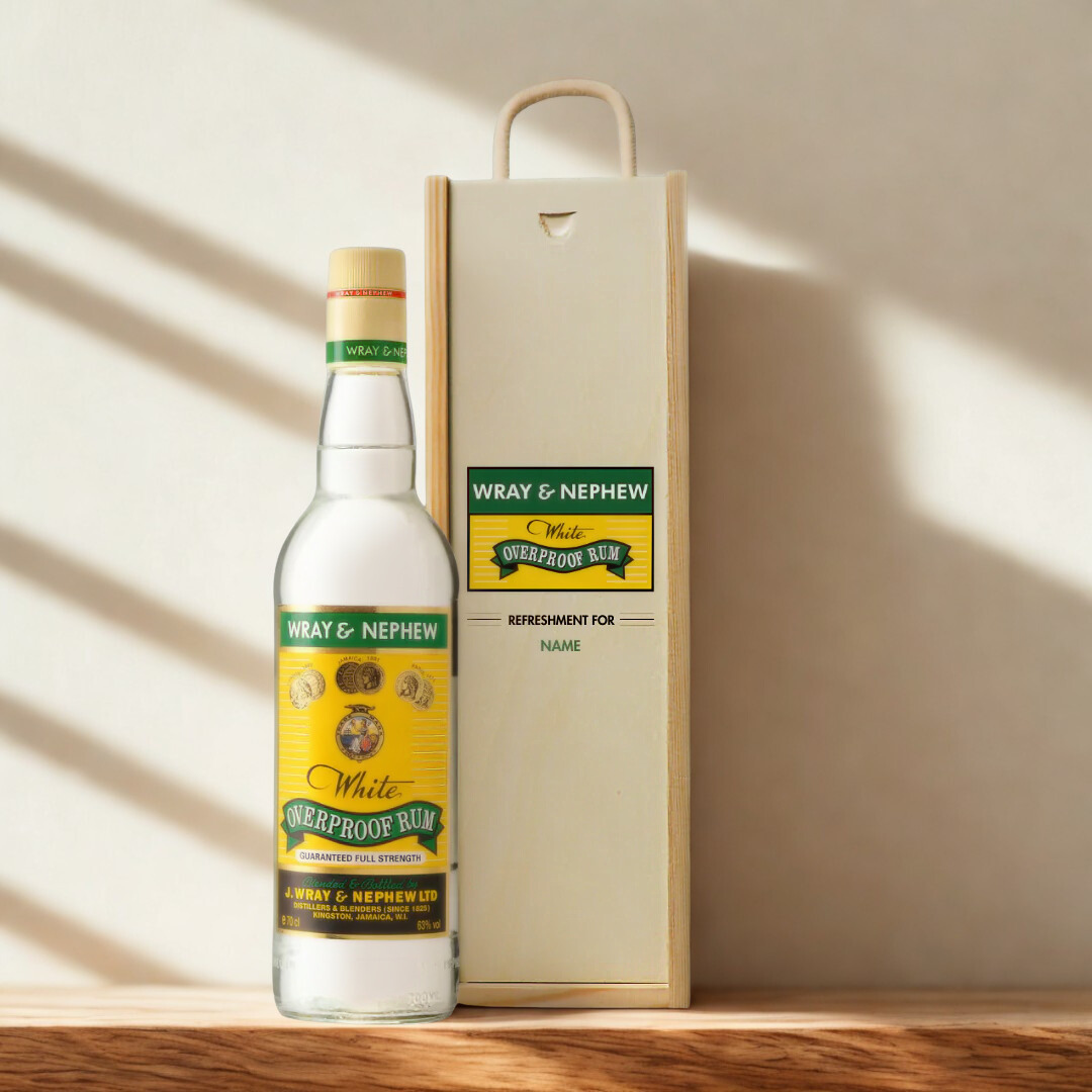 Personalised Wray &amp; Nephew Rum Gift Set in Wooden Box - 40% ABV (70cl)