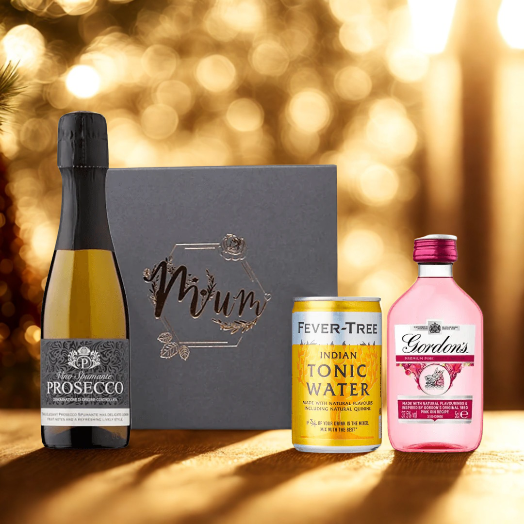 Prosecco &amp; Gordon&#39;s Gin Gift Set in Engraved Rose Gold Box for Mum