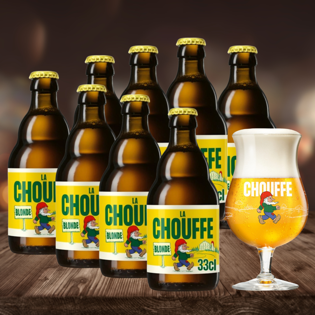 Brasserie d’Achouffe La Chouffe Belgian Blond Beer 330ml Bottles - 8.0% ABV (8 Multipack) with FREE Chouffe Glass