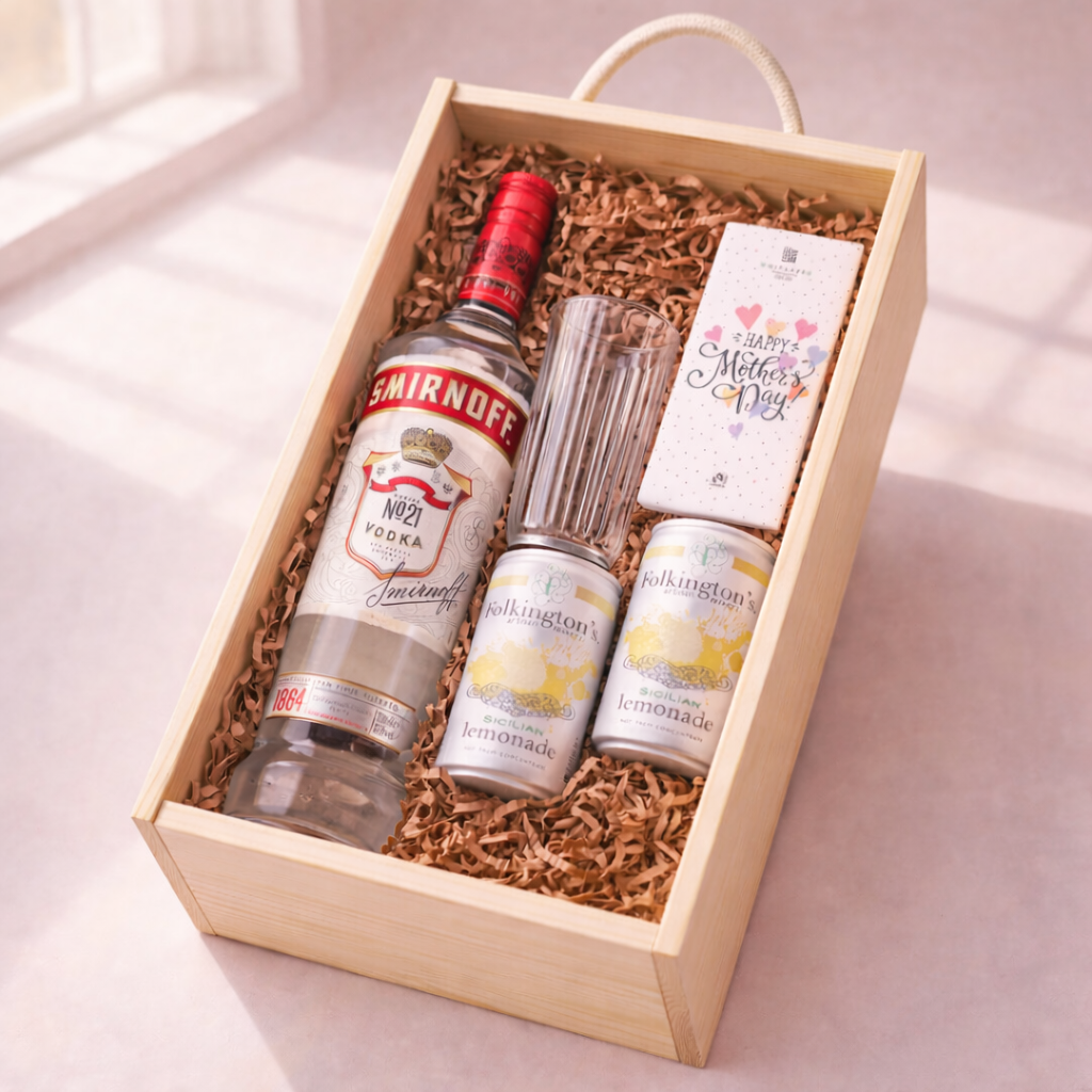 Mother’s Day Vodka Gift Set – Smirnoff 70cl with Lemonade, Glass &amp; Chocolate – Luxury Mother’s Day Gift for Mum