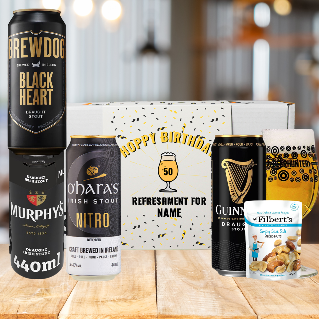 Personalised &#39;Hoppy Birthday&#39; Stout Beer 4 Can Gift Pack with Glass &amp; Snack