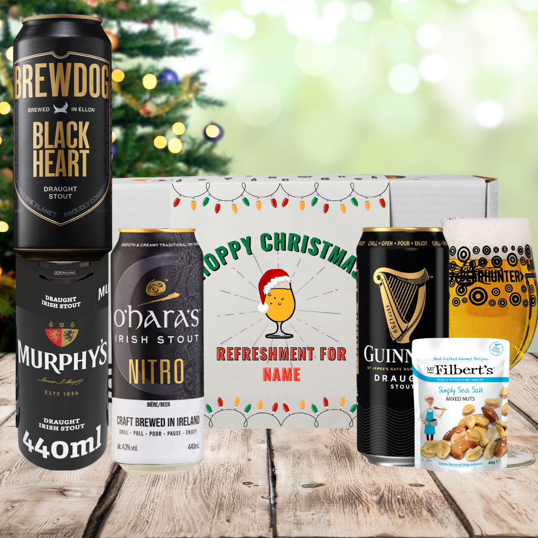 Personalised &#39;Hoppy Christmas&#39; Stout Beer 4 Can Gift Pack with Glass &amp; Snack